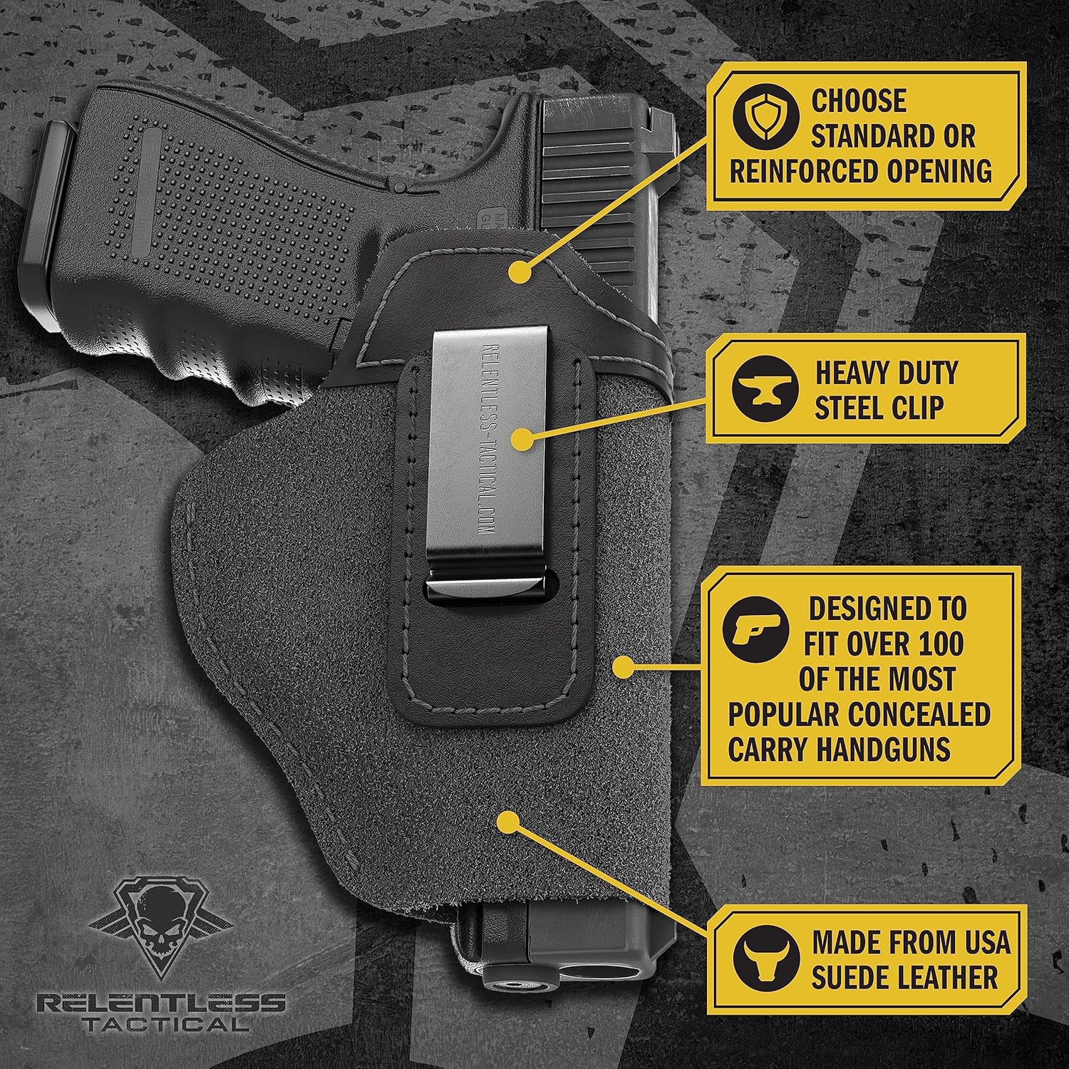 Funda para pistola IWB de piel de ante, hecha en EE.UU. para S&W M&P Shield, Glock 17 19 22 23 32 33, Springfield XD & XDS, Walther P99 y demás