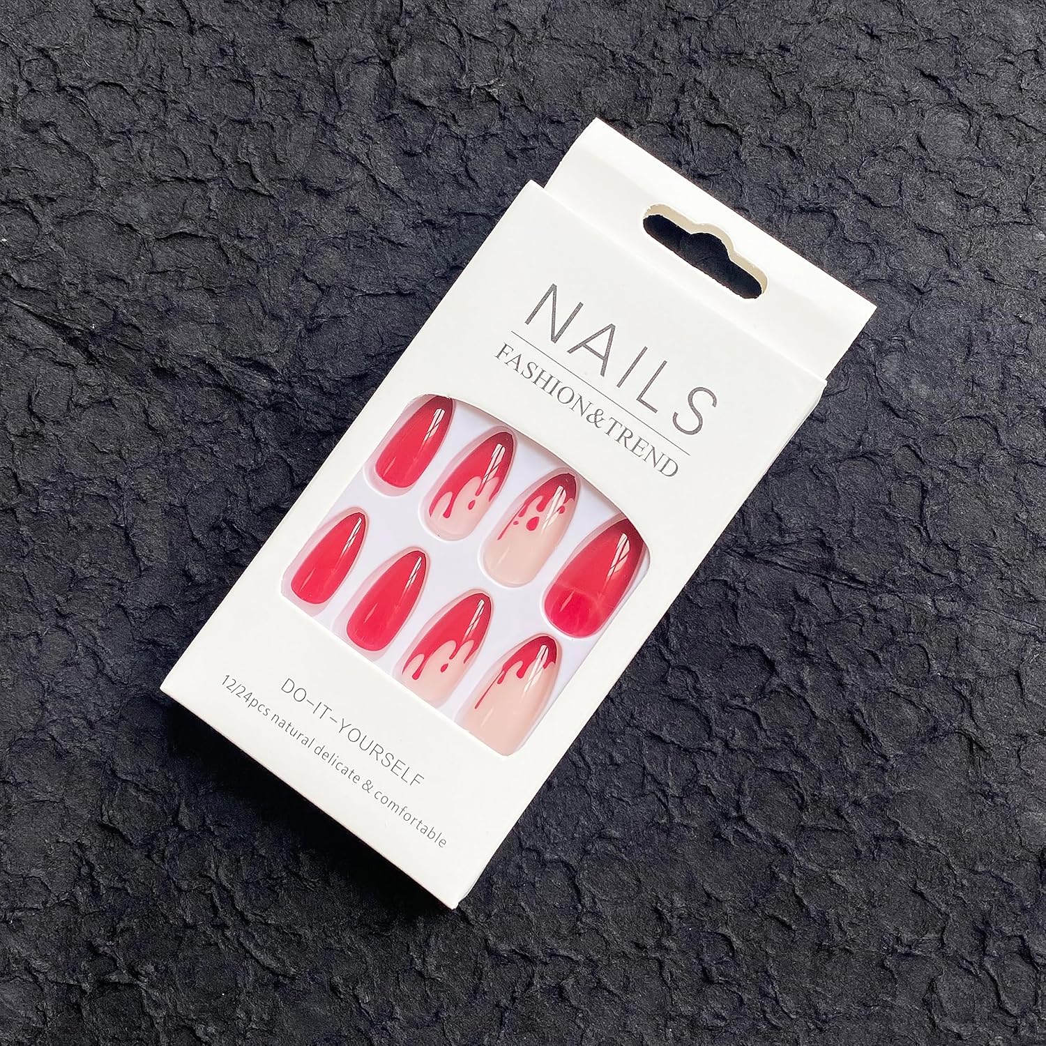 Uñas postizas a presión de Halloween, uñas postizas de almendra, cobertura completa, uñas postizas rojas con diseños de gotas de sangre, punta