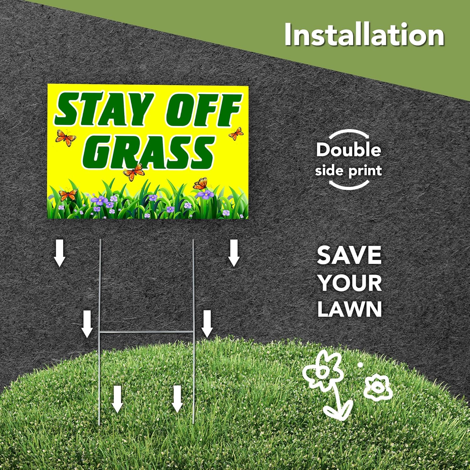 2 carteles de Stay Off Grass For Yard de 8 x 12 pulgadas de doble cara con texto en inglés Keep Off Gras, letrero de Please Keep Off Gras, letreros
