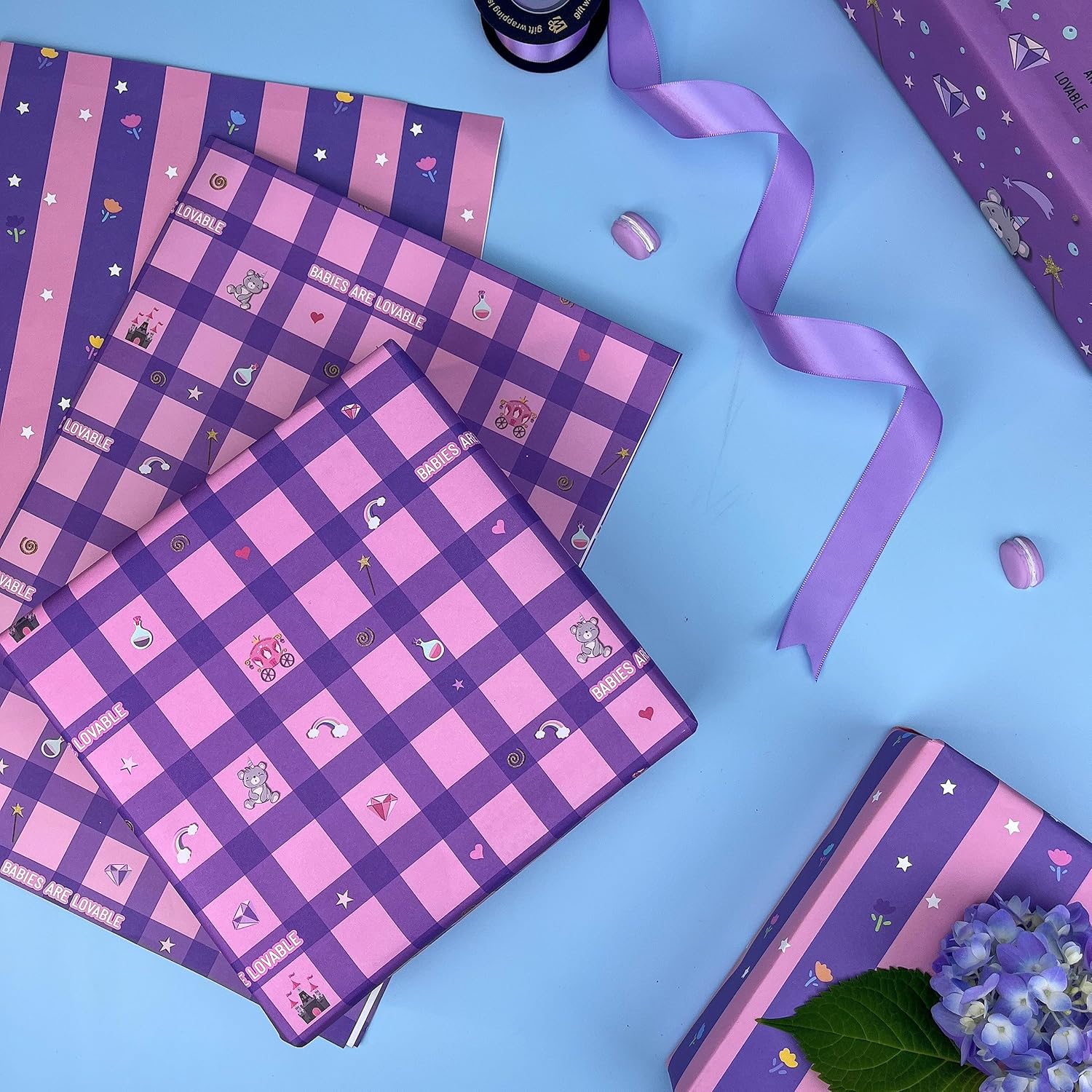 Dtiafu Papel de regalo para bebé, 10 hojas de papel de regalo morado y rosa para baby shower, cumpleaños, baby shower, oso, diamante, arco