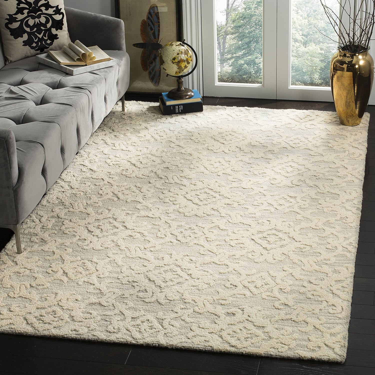 SAFAVIEH Blossom Collection BLM104A – Alfombra de lana de primera calidad, hecha a mano, 6 x 9 pies, color grismarfil
