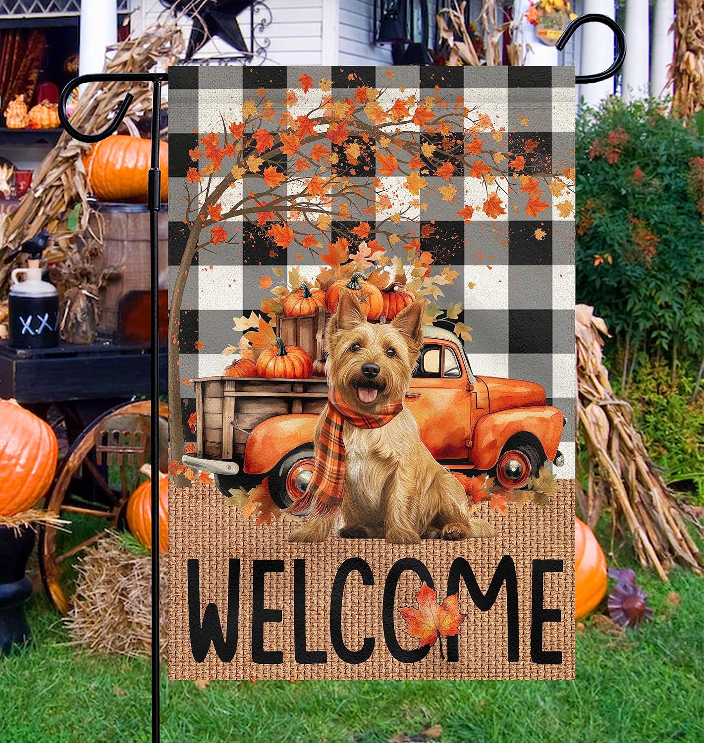 Banderas de jardín de otoño para perros de bienvenida para exteriores, 12 x 18 pulgadas, pequeño, de doble cara, de arpillera, color rojo, de