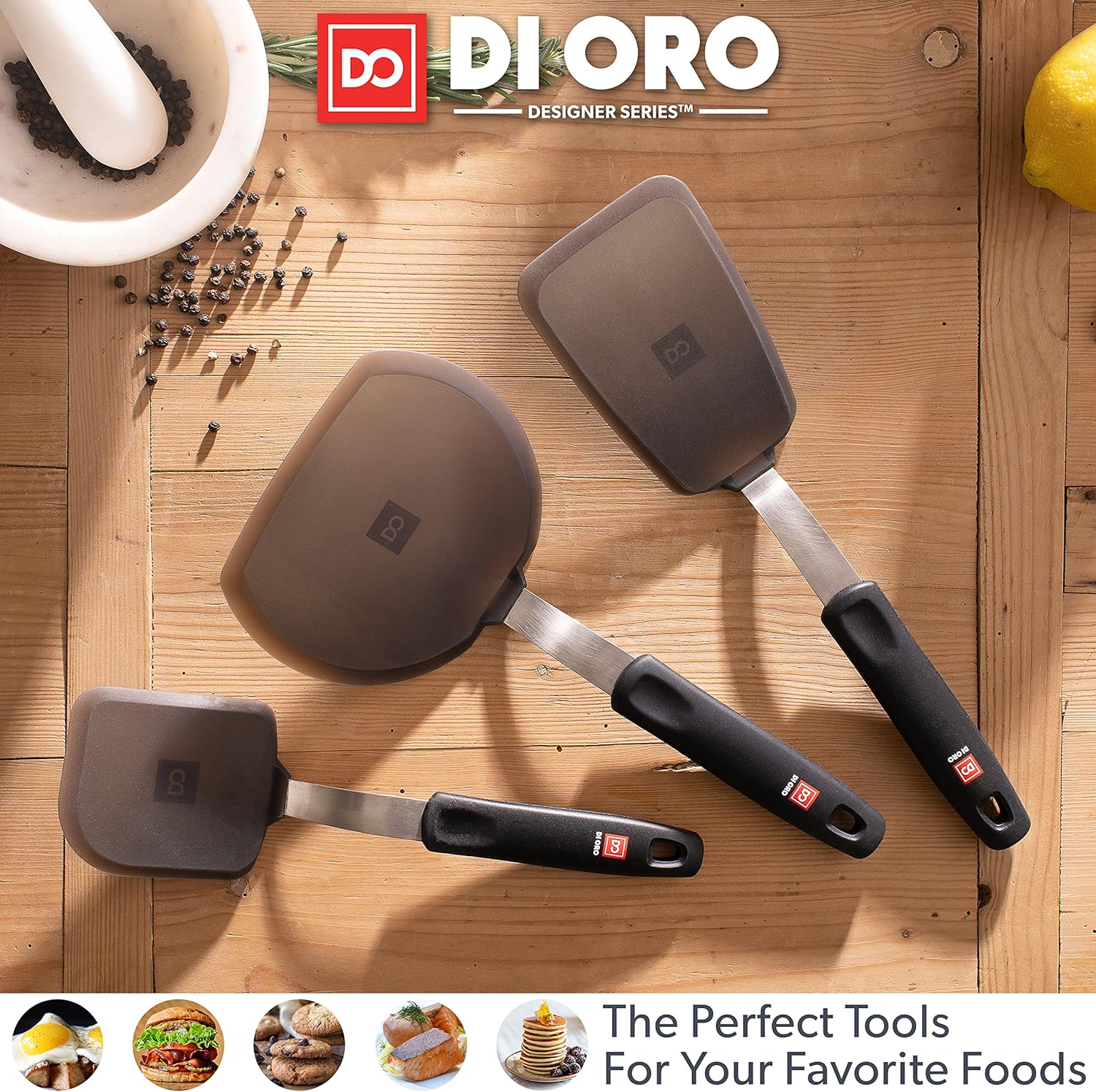 DI ORO – Juego de utensilios de cocina de silicona de 9 piezas, resistente al calor, antiadherente, flexible, espátulas de silicona sin costuras,
