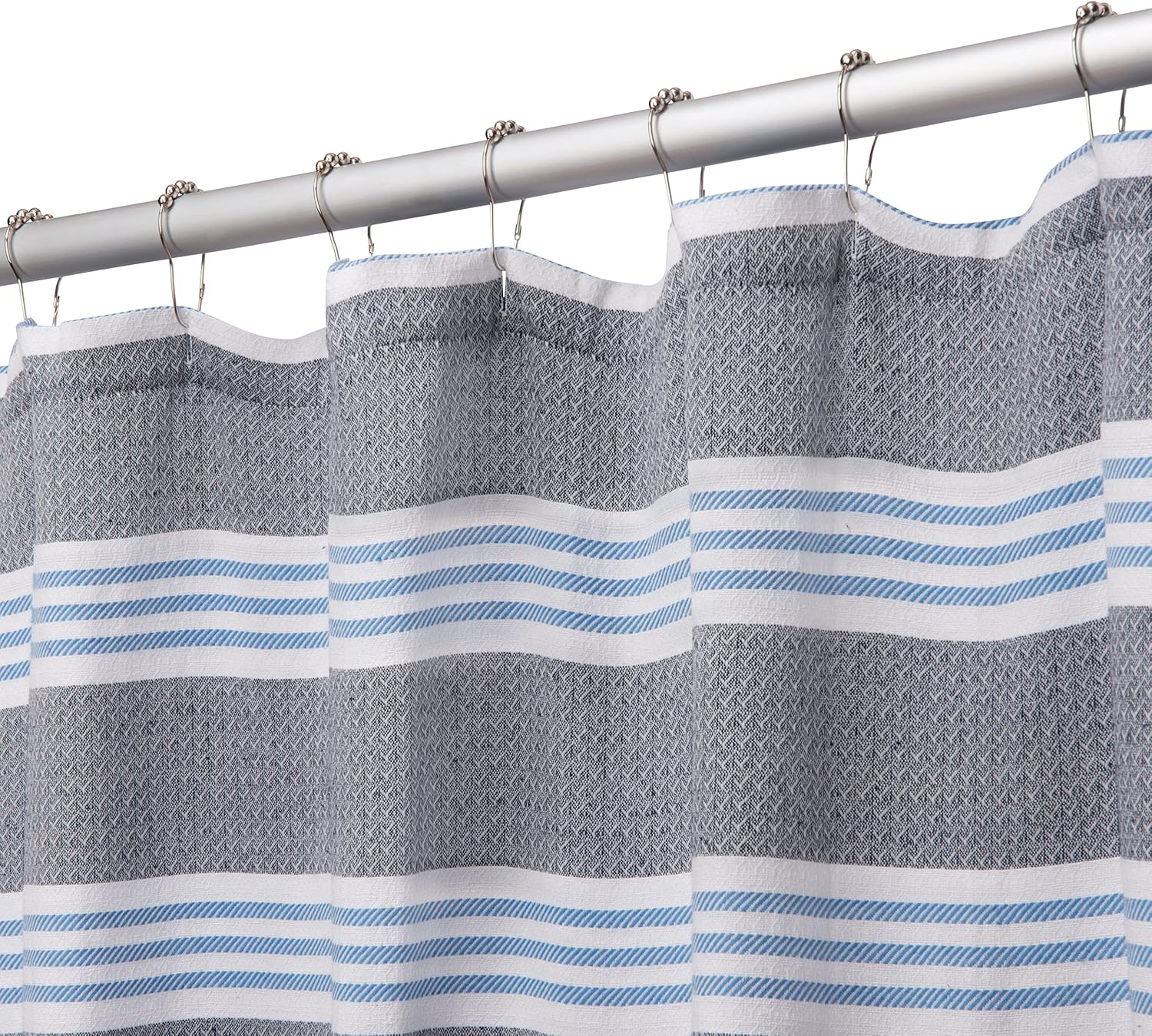 Laura Ashley – Cortina de ducha tejida a rayas  Elegante decoración de baño  Lavable a máquina  Mide 72 x 72 pulgadas  Mezcla de algodón  Azul