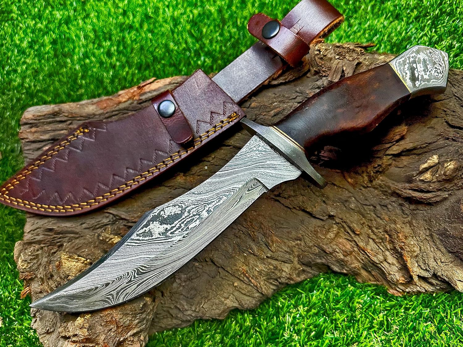 Cuchillo Bowie hecho a mano de acero de Damasco de 13 pulgadas, mango sólido de agarre perfecto