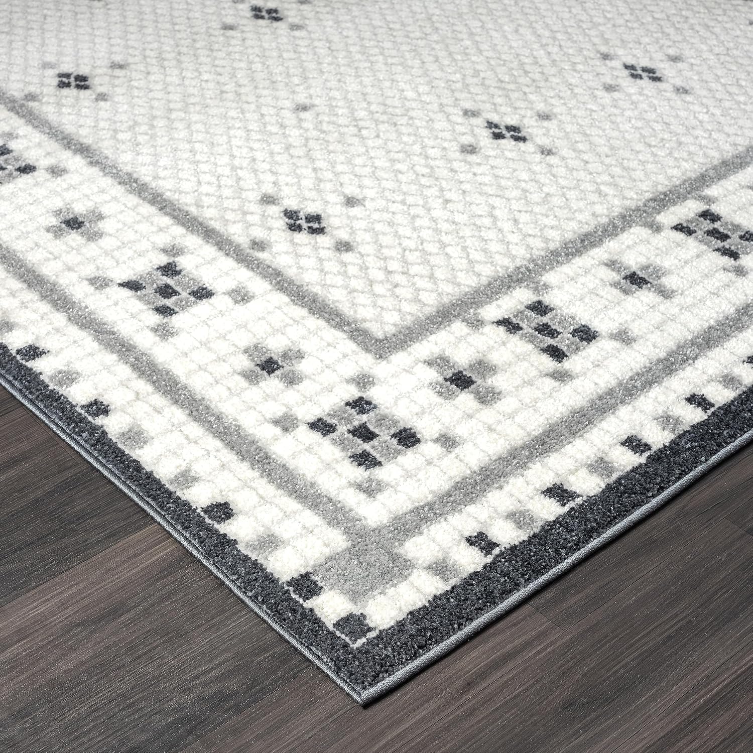 Abani Nuevo Collection – Alfombra de área, diseño moderno de mosaico blanco y negro, 7.9 x 10.2 pies, fácil de limpiar, duradera para niños y