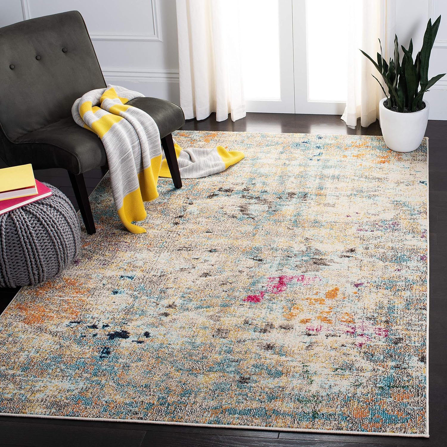 SAFAVIEH MAD425F Madison Collection Alfombra decorativa cuadrada de 3′, grisdorado, diseño abstracto bohemio desgastado, no desprende pelusa, para
