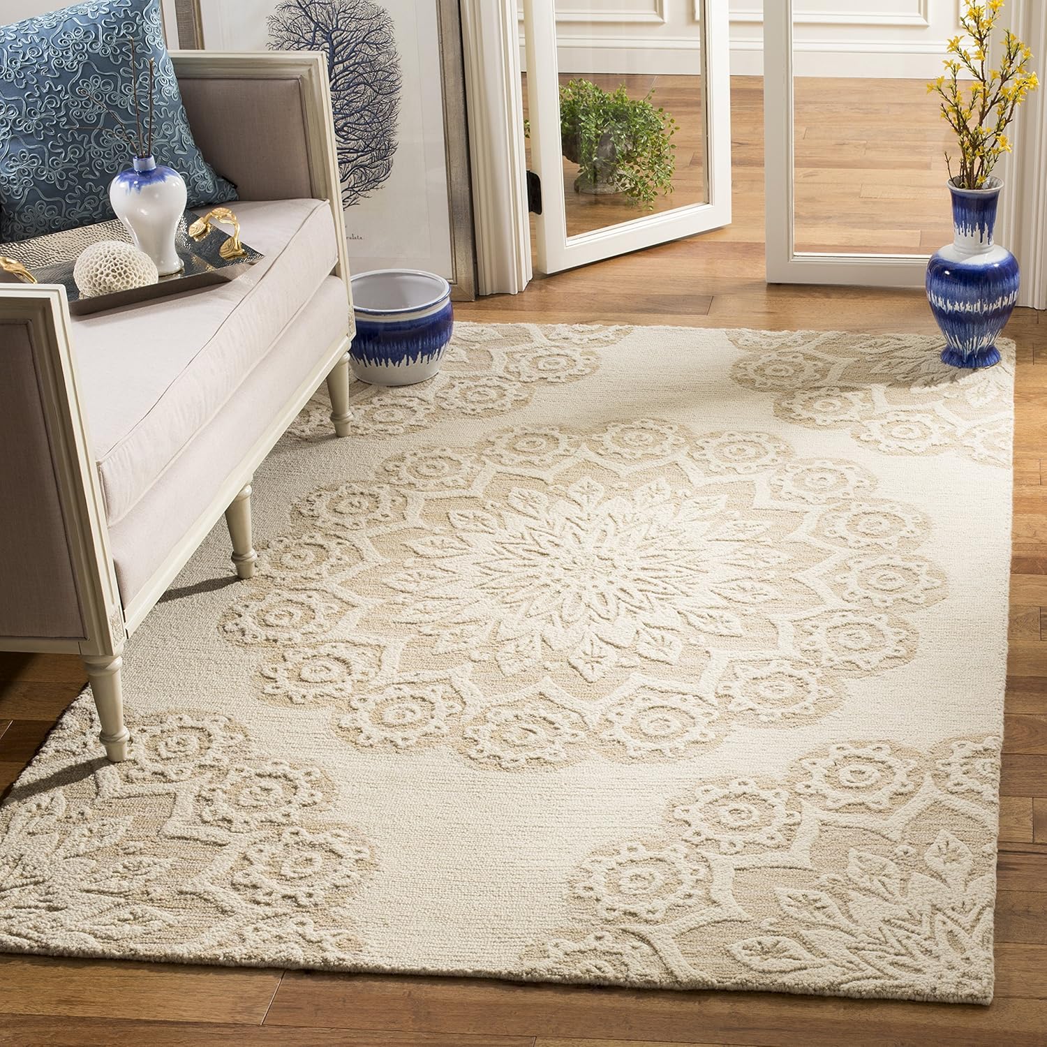 SAFAVIEH Blossom Collection – Alfombra de área de 8 x 10 pies, marfil y beige, lana hecha a mano, ideal para zonas de alto tráfico en sala de estar,