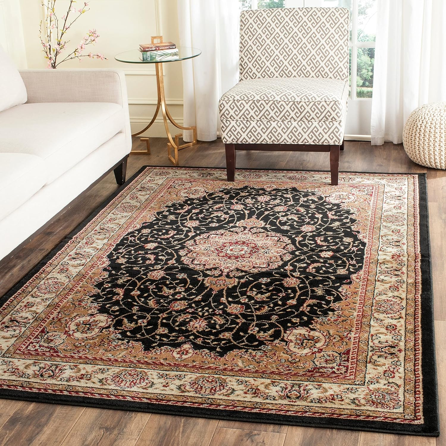 Safavieh colección Lyndhurst LNH329A, tapete tradicional alargado Medallion color negro y marfil, de 2’3″ x 12′., Polipropileno, NegroMarfil