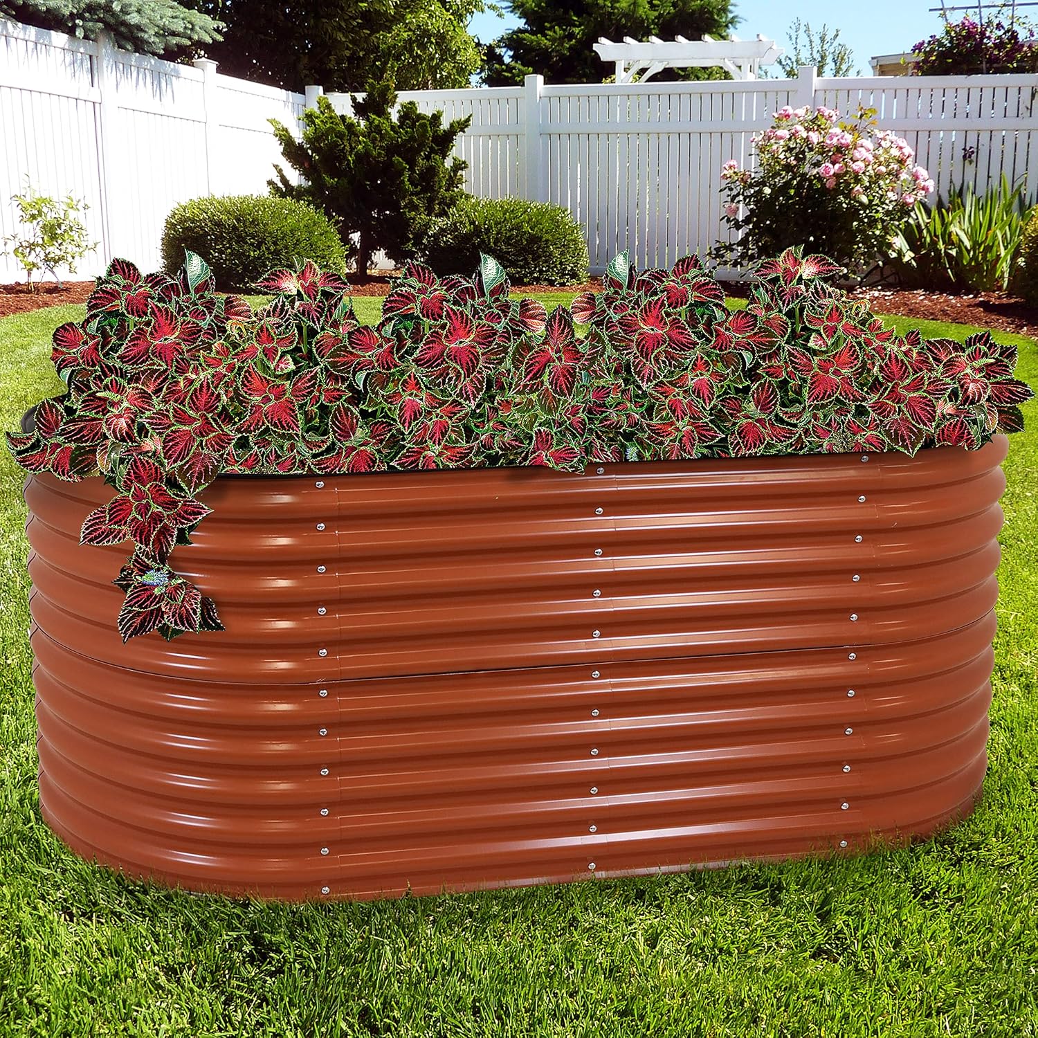 Sunnydaze Cama de jardín elevada ovalada de 79 pulgadas, kit de maceta apilable de acero para flores con borde de goma, color marrón