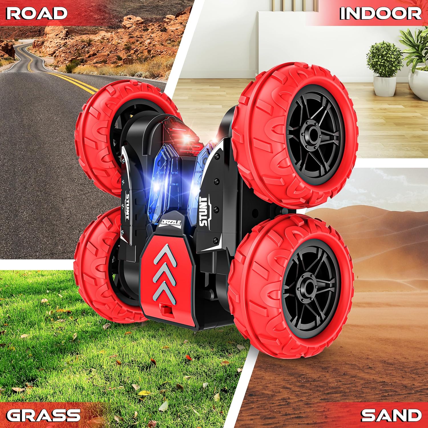 Coche de control remoto, autos de acrobacias de juguete de acrobacias, 4WD 2.4Ghz de doble cara giratoria de 360 con luces LED, juguete de auto RC