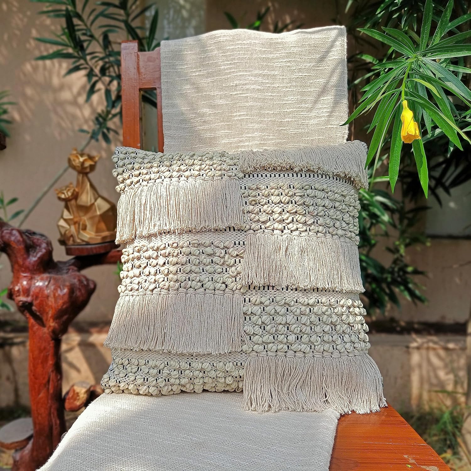 Funda de cojín tejida a mano de 18 x 18 pulgadas, moderna funda de almohada decorativa de algodón y lana para silla Papasan, funda de cojín suave