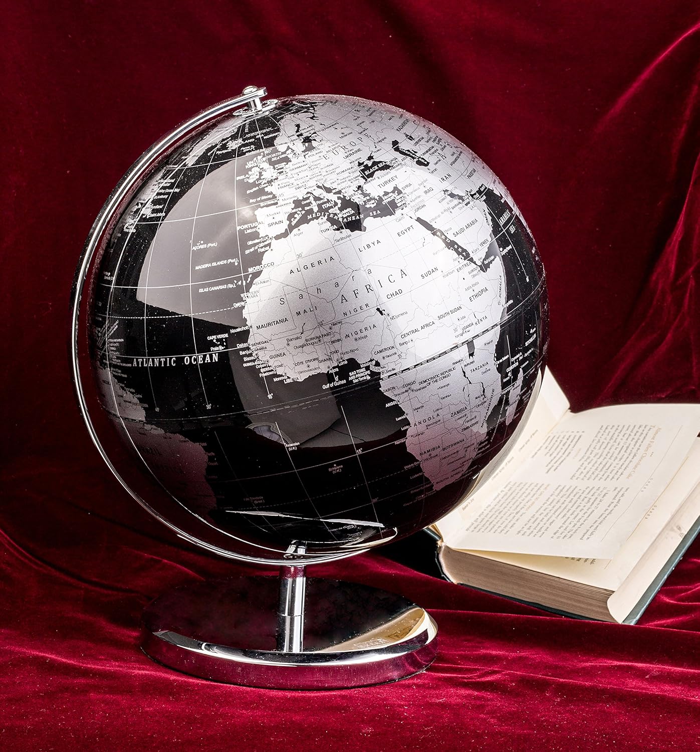 Exerz Globo del mundo de 10 pulgadas, arco y base de acero inoxidable, decoración educativageográficamoderna de escritorio, color negro metálico