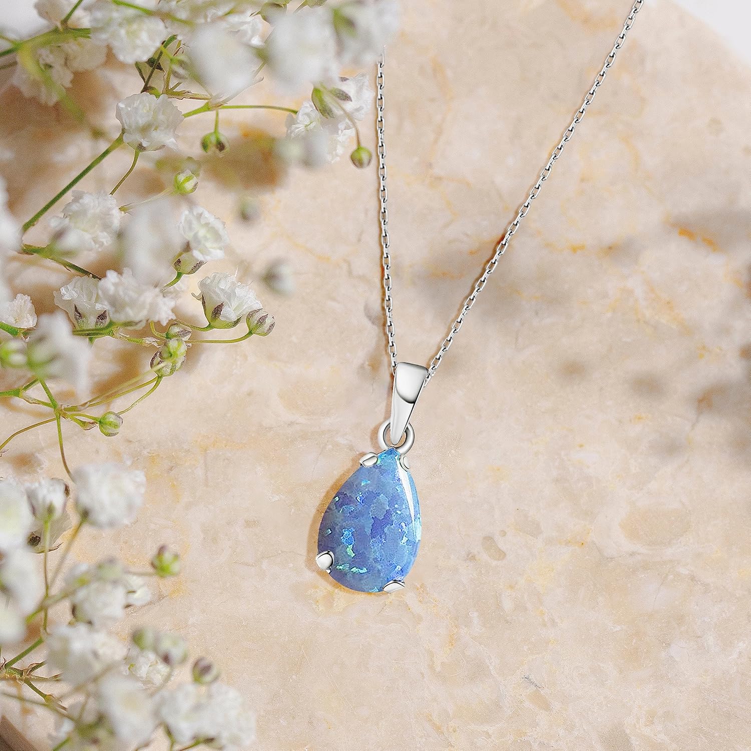 925 Sterling Silver Blue Opal Necklace – Dainty Teardrop Pendant, 7x10mm October Birthstone Opal Gemstone – Handmade Bridal Wedding Jewelry for