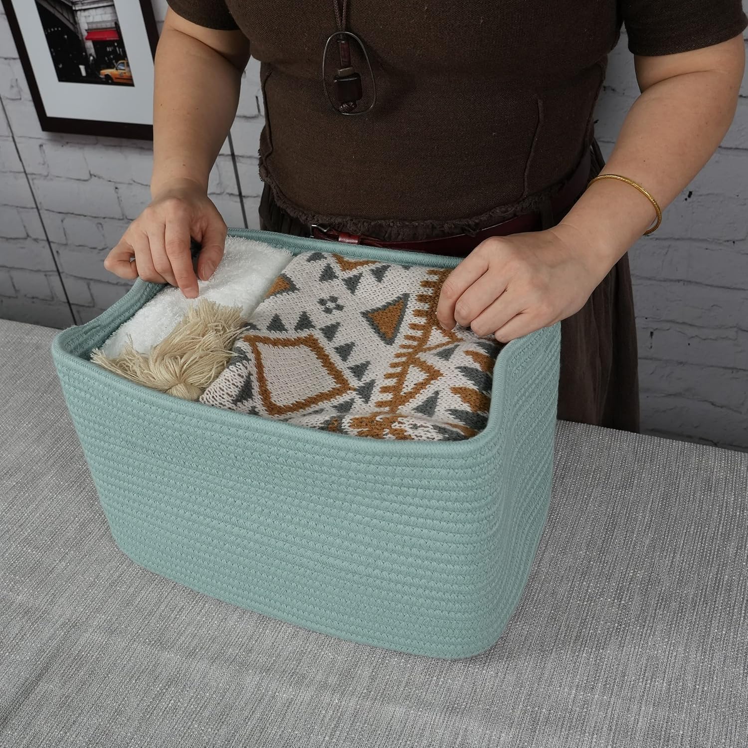 Cesta de almacenamiento de cuerda de algodón, cesta tejida para organizar estantes, cestas decorativas rectangulares para almacenamiento de ropa,