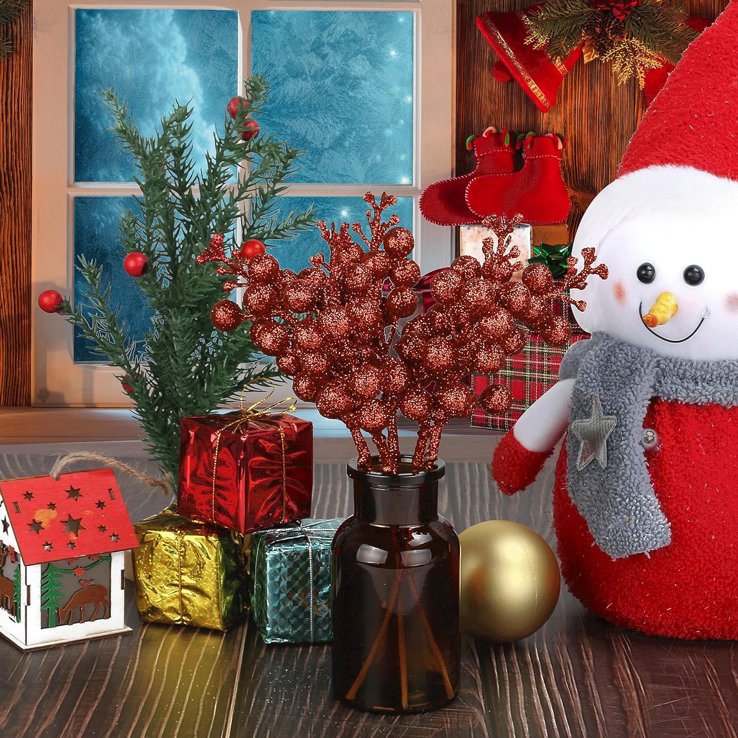 12 piezas de bayas de Navidad, tallos artificiales de bayas rojas con purpurina de 9 pulgadas, púas de Navidad, bayas rojas para árbol de Navidad,