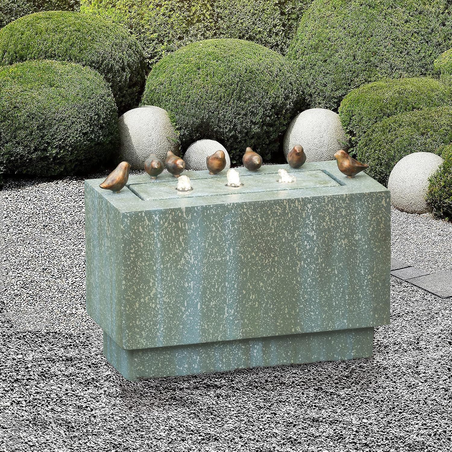 LuxenHome – Fuente rectangular de resina de 24 pulgadas, fuente rectangular de piedra y pátina con luces LED, fuente de cascada apilada en el suelo