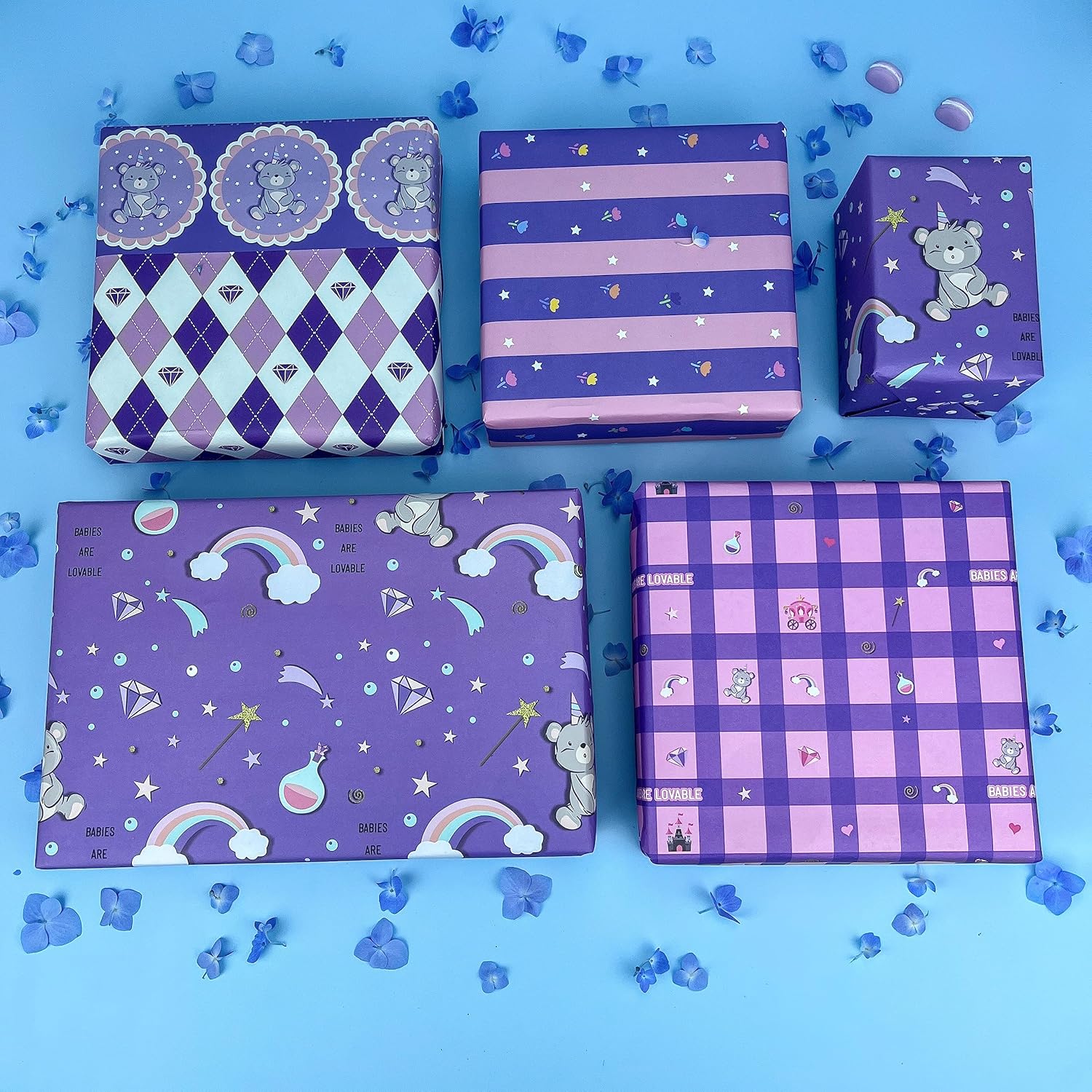 Dtiafu Papel de regalo para bebé, 10 hojas de papel de regalo morado y rosa para baby shower, cumpleaños, baby shower, oso, diamante, arco