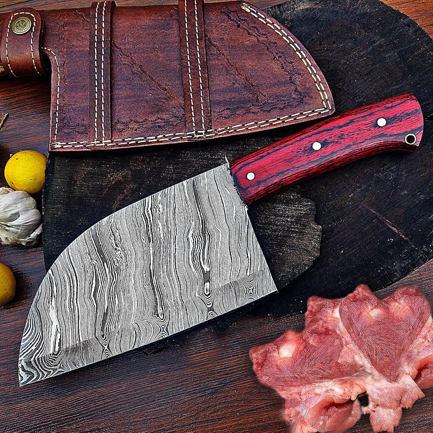 ColdLand – Cuchillo de carnicero de damasco, cuchillo de carnicero forjado a mano, cuchillo de cortar verduras con funda de cuero para cocina,