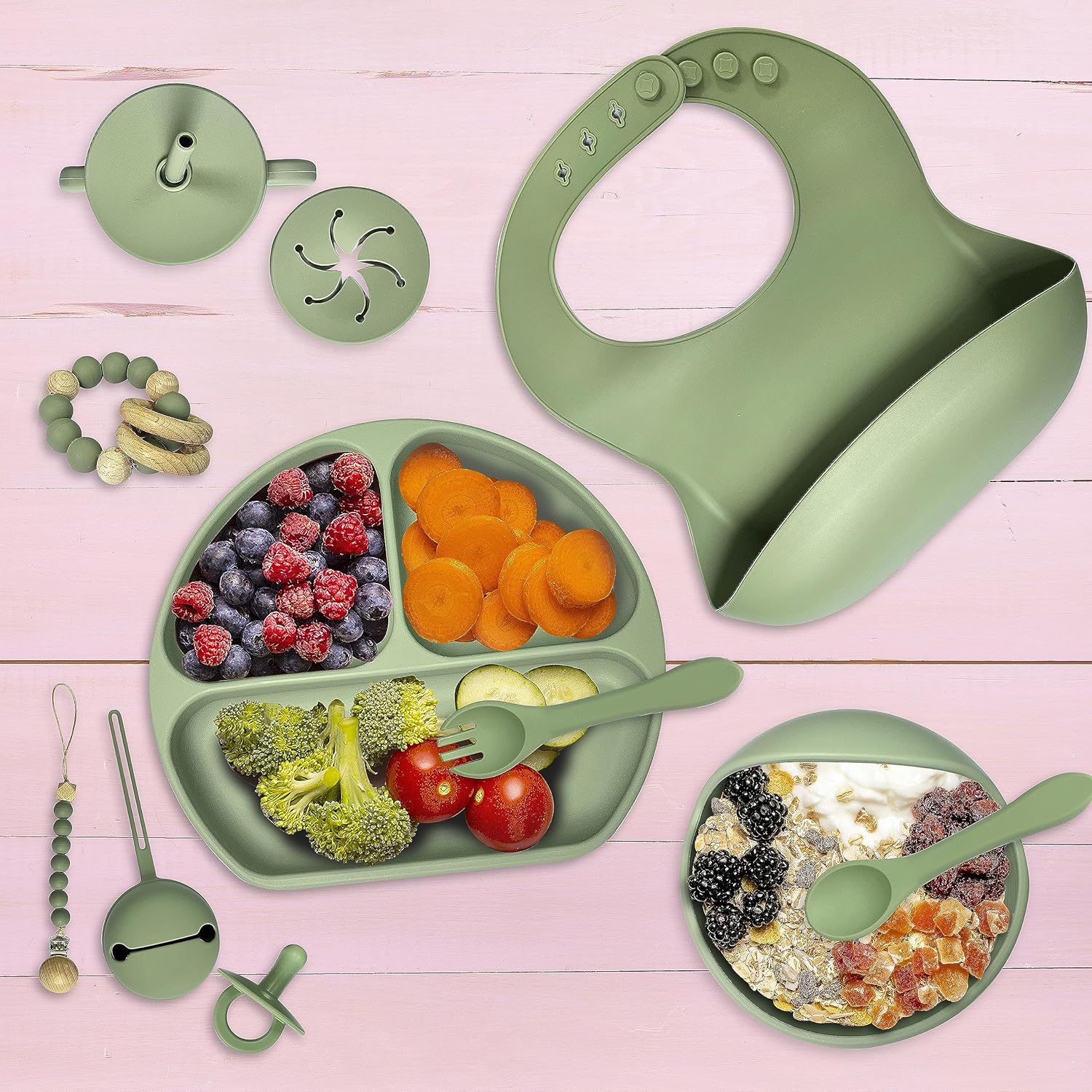 Paquete de 14 suministros de destete LED para bebés, juego de alimentación de bebé de silicona, juego de platos y cuencos para niños, platos para