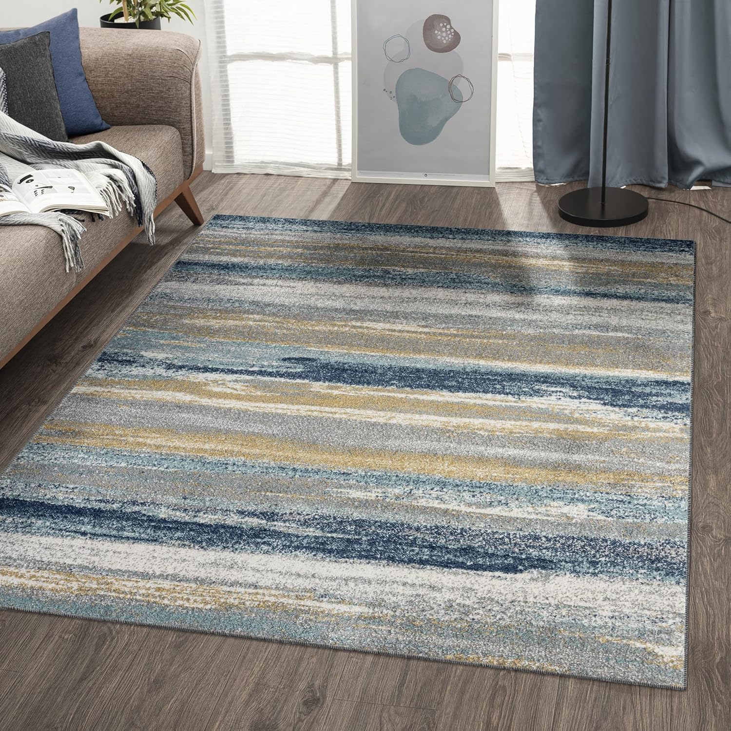 LUXE WEAVERS Alfombra moderna resistente a las manchas, color amarillo y azul, tamaño 9 x 12