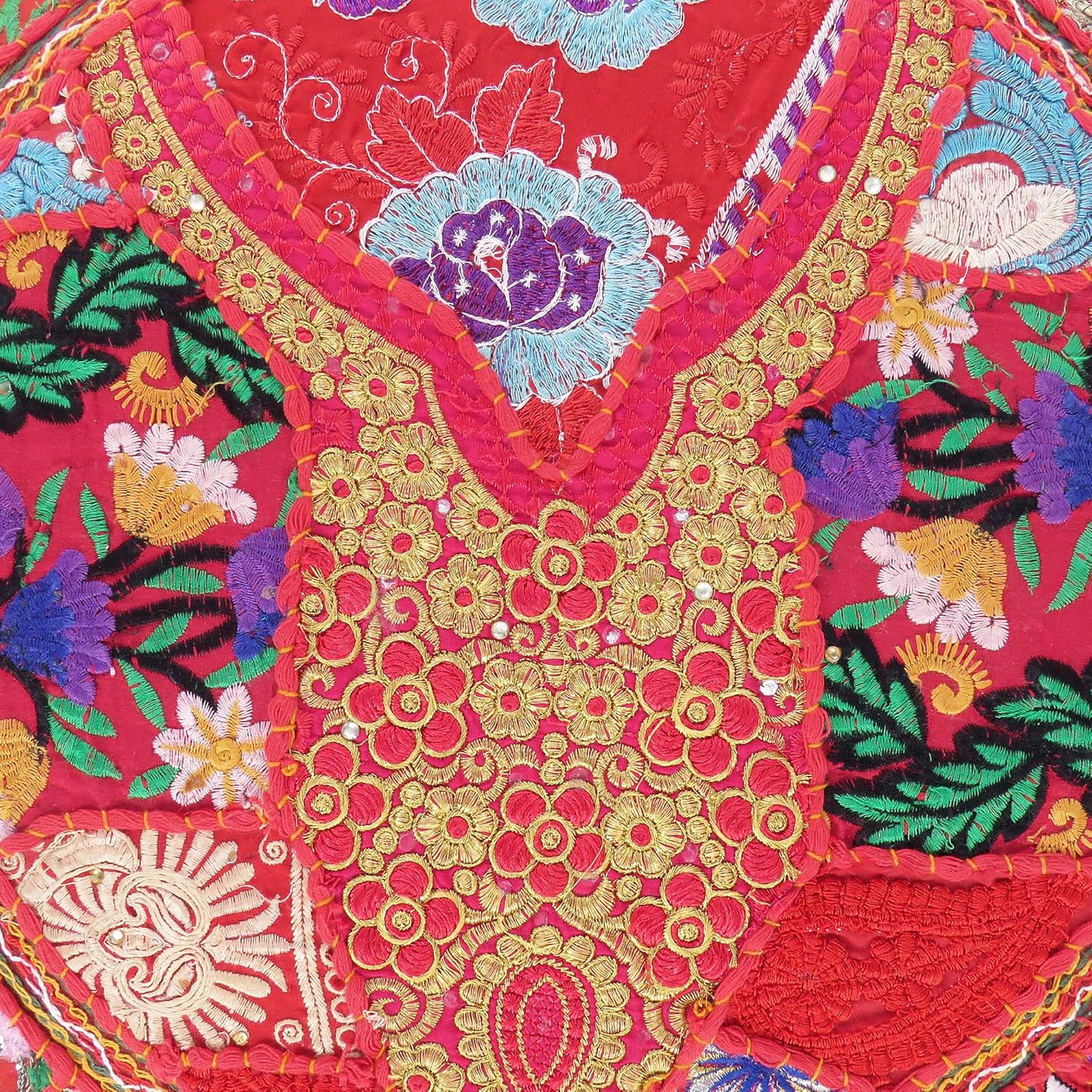 Mam Treasures – Funda de cojín decorativa redonda colorida de retazos para meditación, cojín de meditación, acento bohemio, funda india hecha a mano