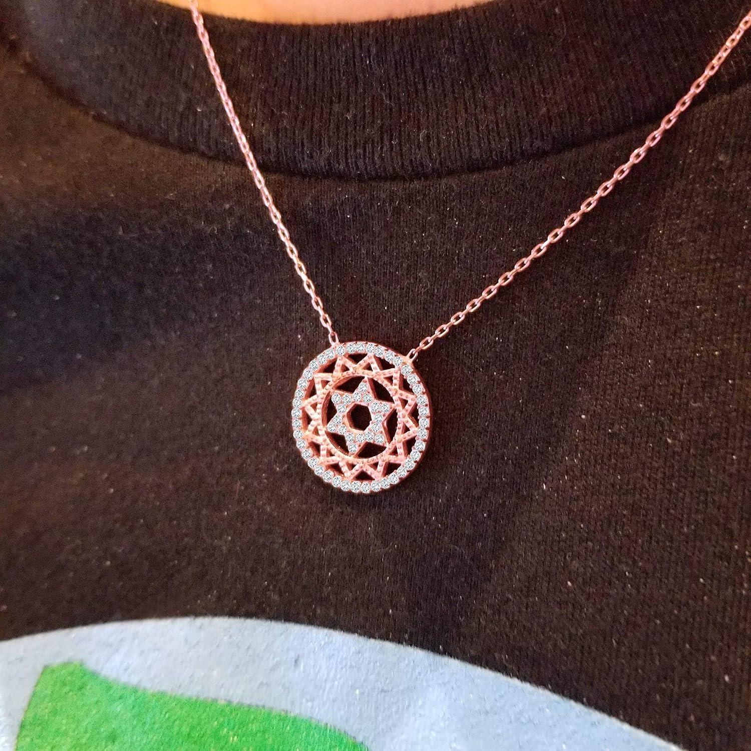 Jewish Star of David Necklace for Women and Girls with Sparkling Clear Cz Cubic Zirconia Stones in Rose Gold
