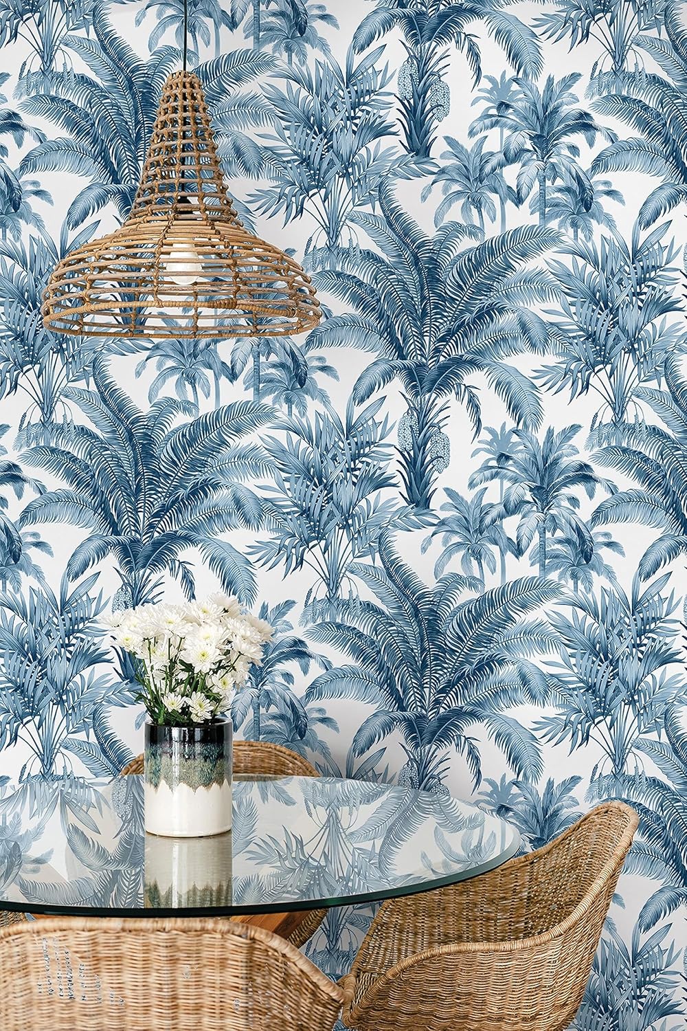Casa Mia Papel tapiz de vinilo Palm Grove para despegar y pegar (cubre 30.75 pies cuadrados) (azul y blanco)