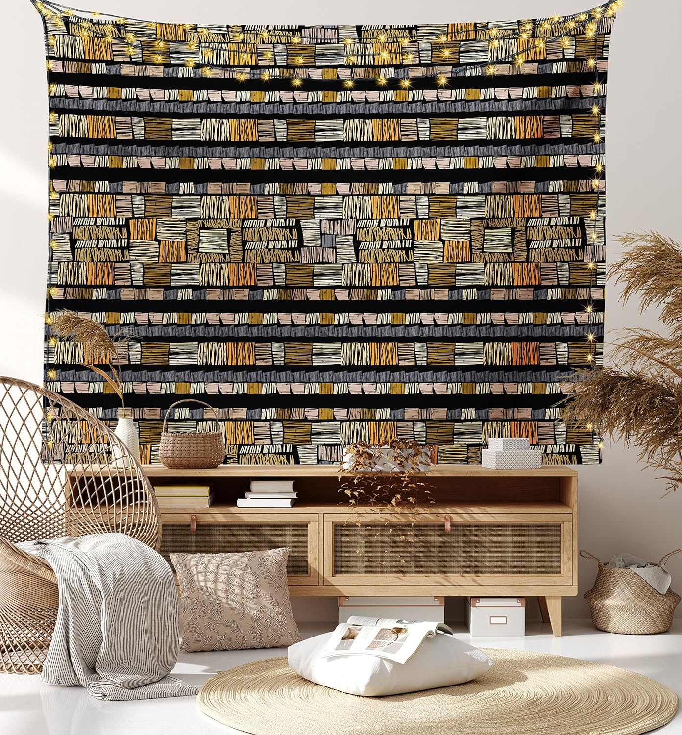 Ambesonne Tapiz africano, patrón tradicional dibujado a mano en estilo grunge, estampado a rayas, colgante de pared ancho para dormitorio, sala de