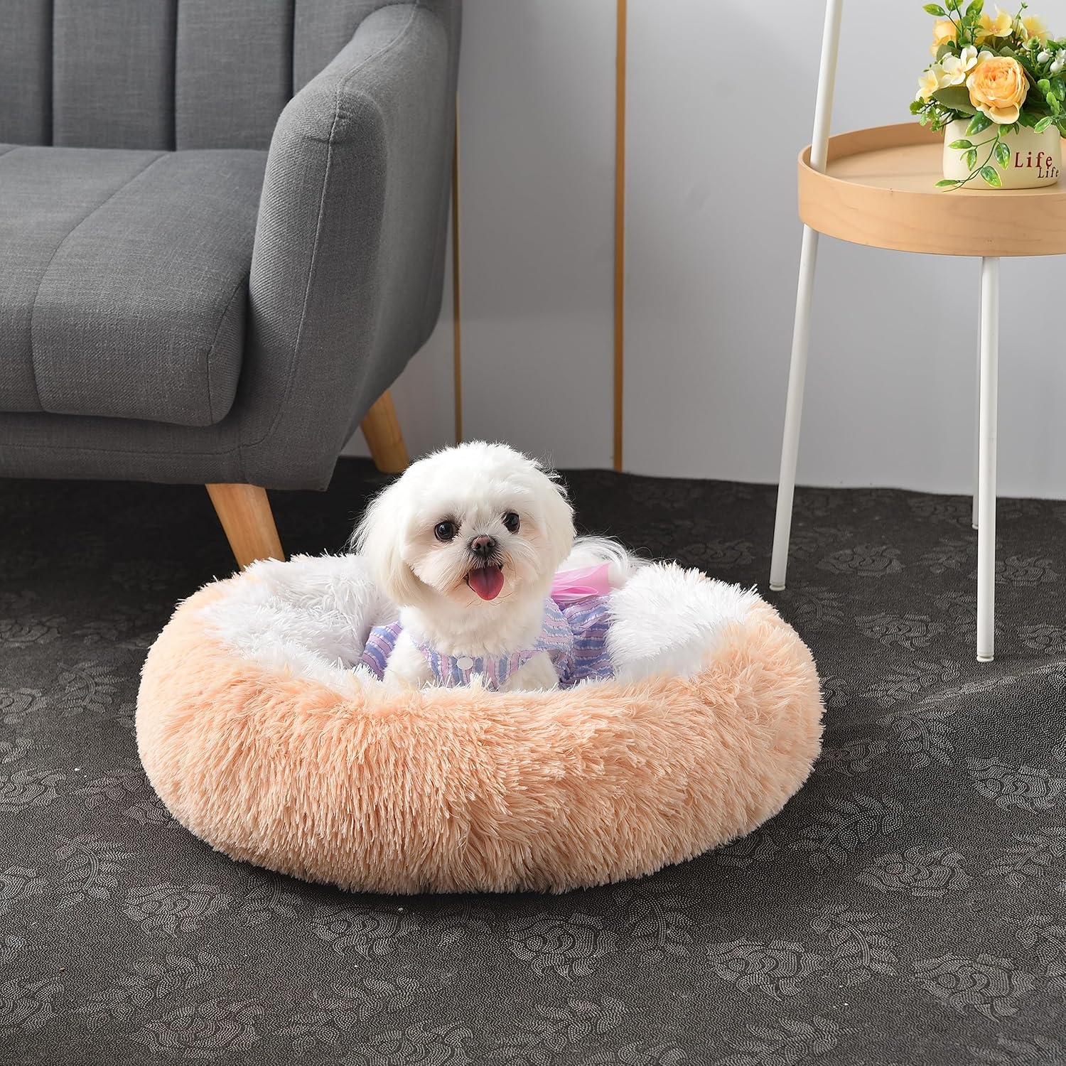 Something Different Cama calmante para perros y gatos, cama redonda suave y antiansiedad, cálida y acogedora cama acolchada de felpa de piel