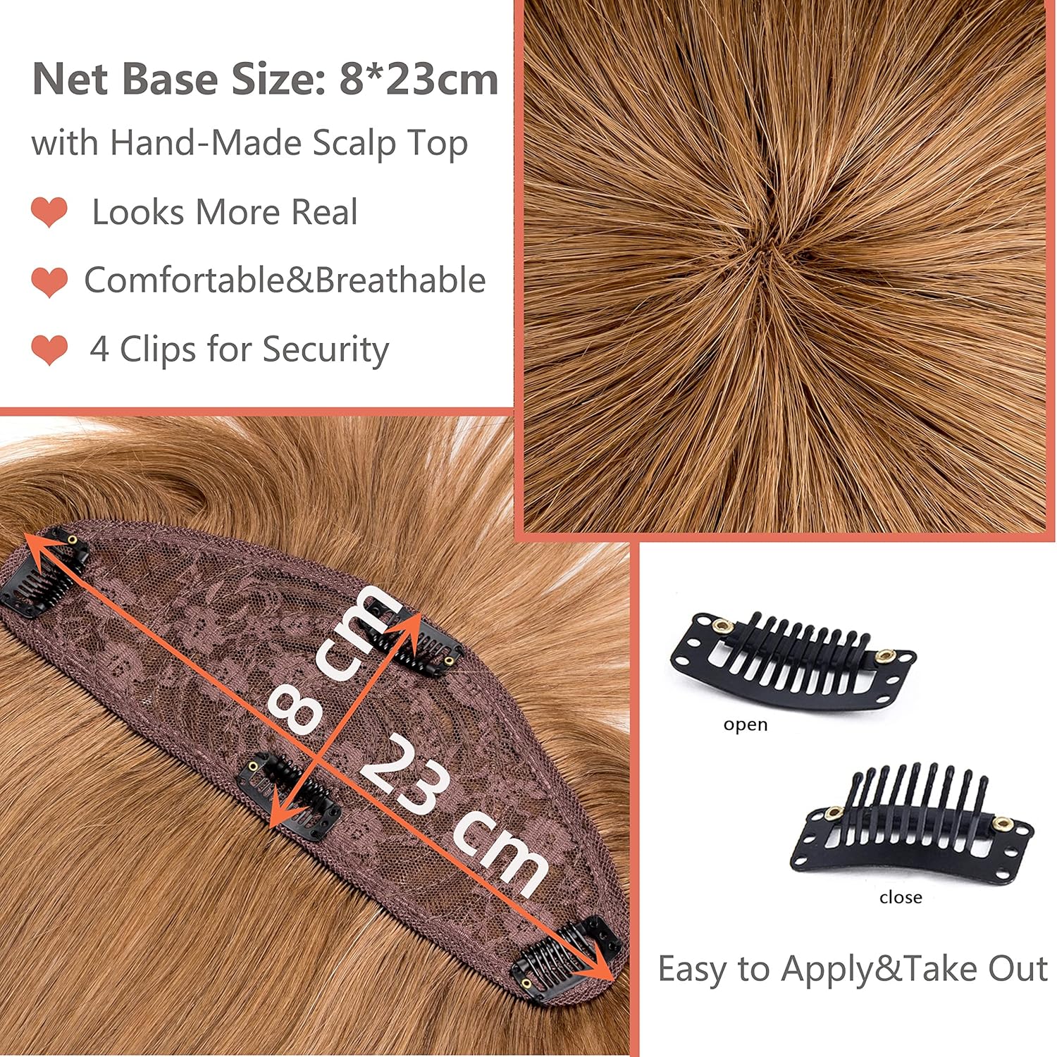 100 % cabello humano Remy con flequillo para mujer, base de red de 3.1 x 9.1 in, clip en la parte superior para adelgazar el cabellopérdida de