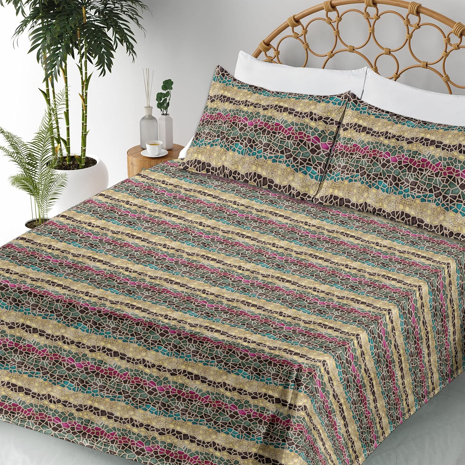 Ambesonne Contemporary Sheet Set, Lace Like Aged Motif Geometric Shapes Abstract Style of Illustration, Fitted and Flat Sheet with Pillowcases