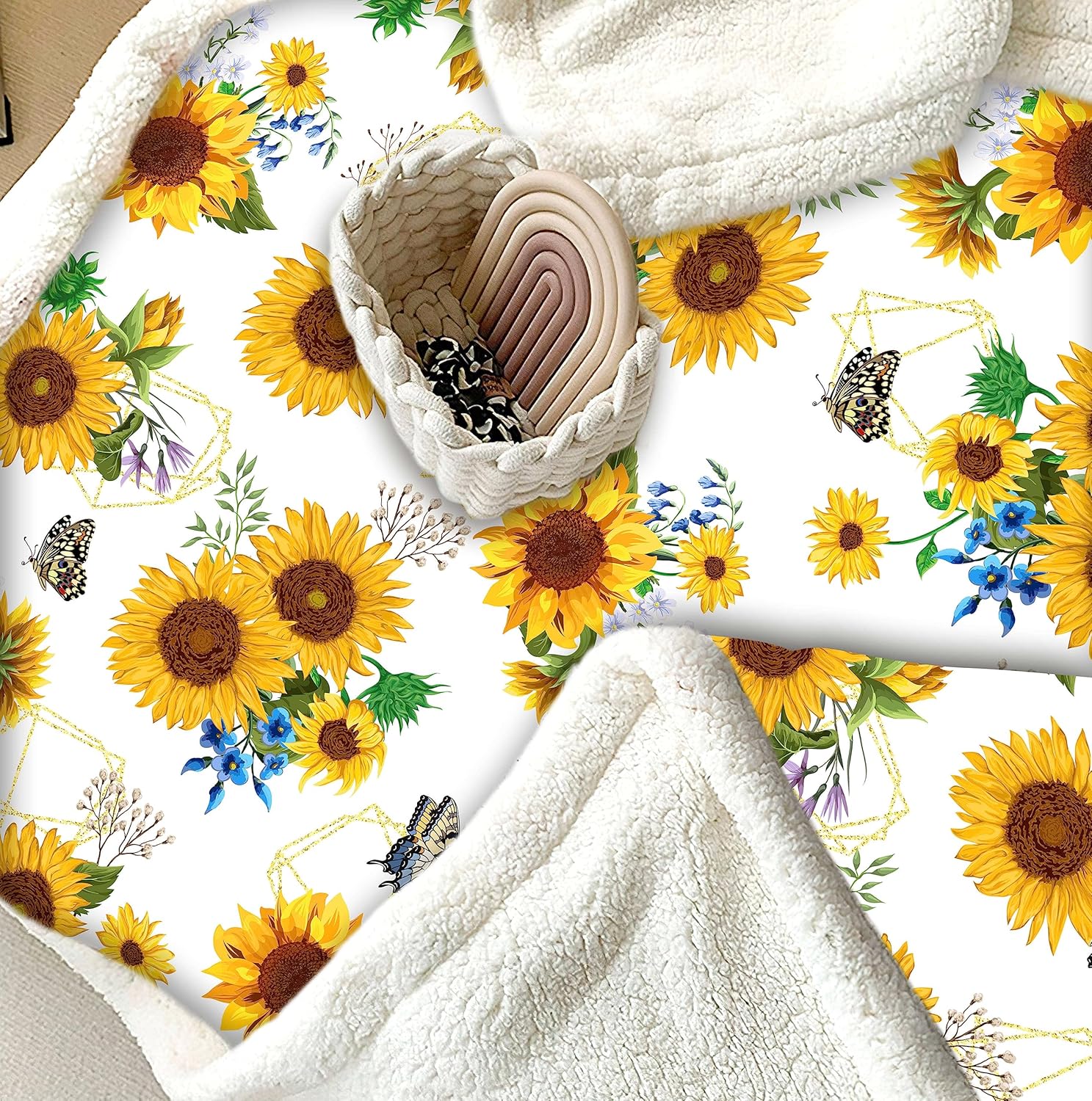 Manta de girasol, regalos de girasol para mujer, manta de regalo de girasol, decoración de ropa de cama blanca, decoración de cosas de girasol,