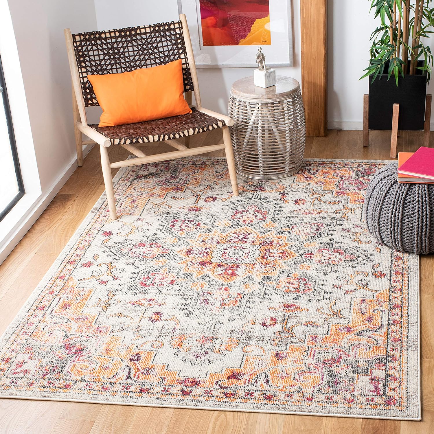Safavieh Madison Collection (MAD473E) Tapete cuadrado de 3 pies, beige y naranja, diseño chic y bohemio desgastado de medallón, no pierde fibras,