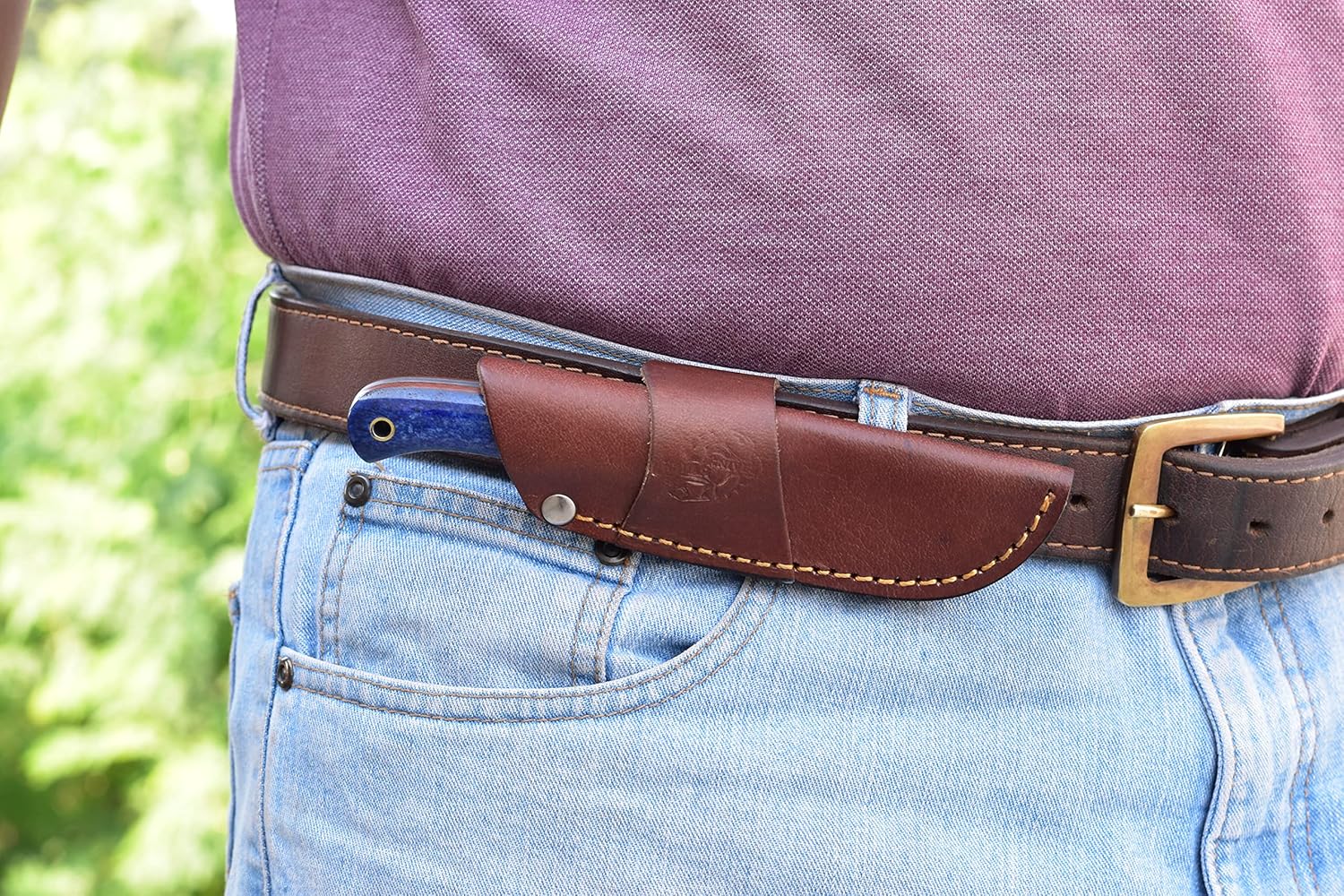 Knives Ranch Cuchillo EDC de hoja fija de 7 pulgadas, cuchillo de caza, acero de damasco, espiga completa, mango de hueso, funda de cuero de