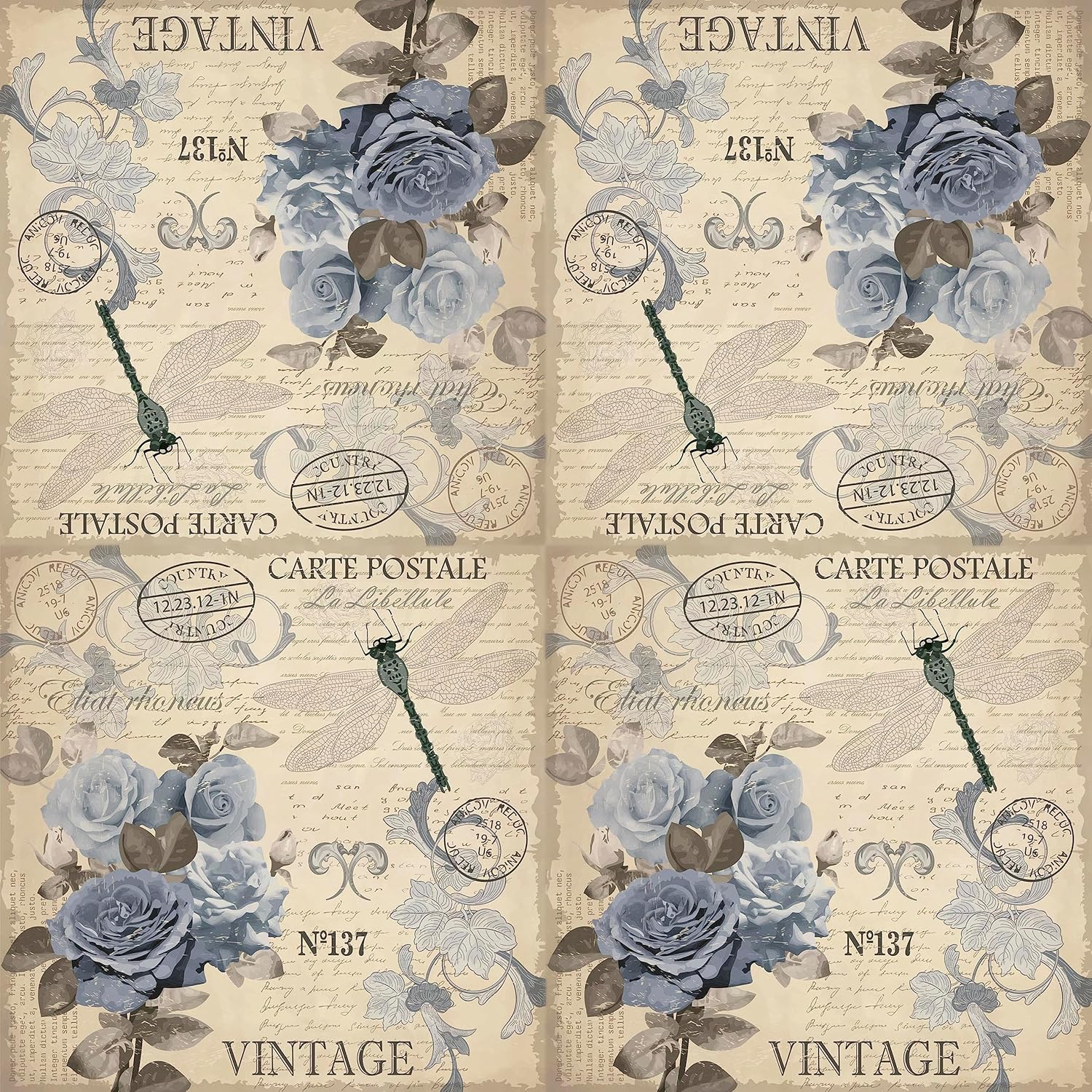 Servilletas de papel de rosas, 40 unidades, diseño de rosas postales, para decoupage, rosas azules vintage en papel de seda de flor de lis,