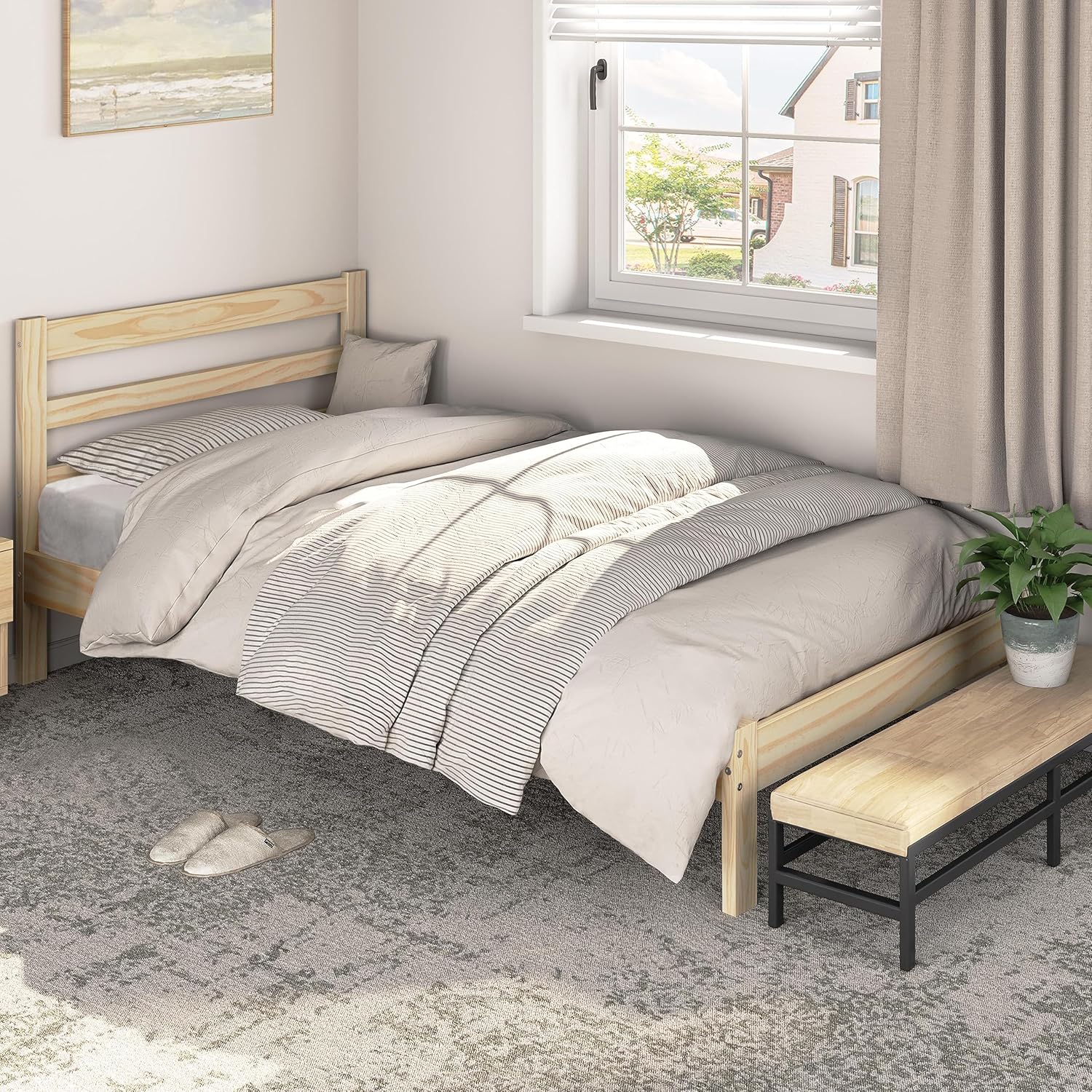 Yaheetech Base de cama individual con plataforma de madera de pino macizo con cabecero con paneles, estilo Wicklow, soporte de listones de madera,