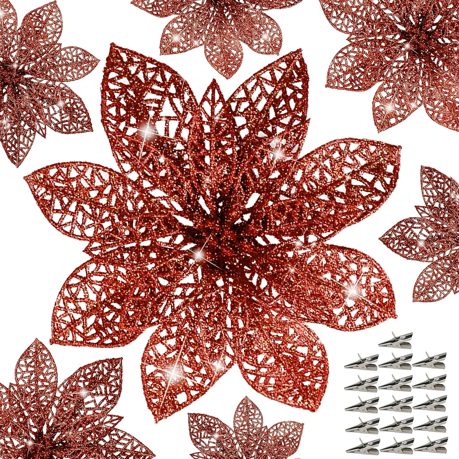 16 flores de nochebuena artificiales, decoraciones de Navidad de flores de nochebuena con clips, adornos de Navidad de flores de nochebuena con