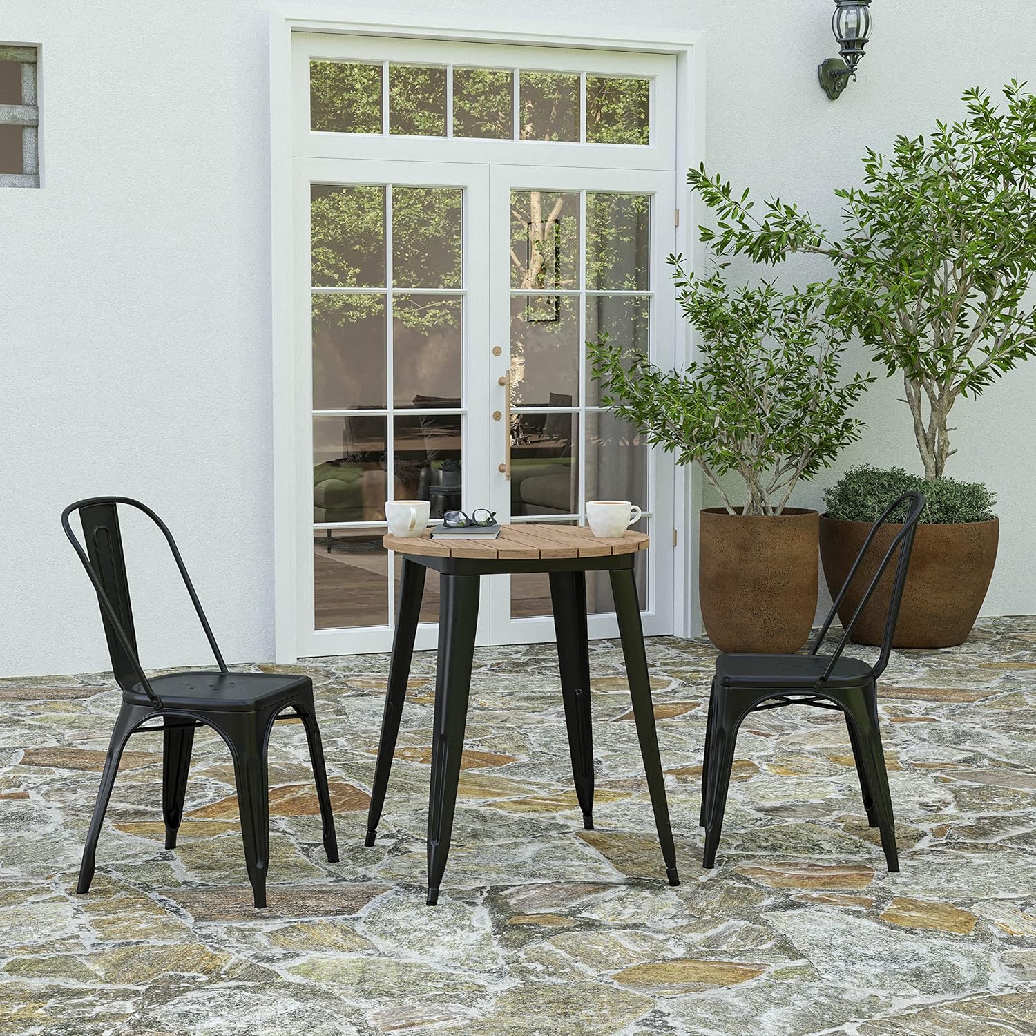 Merrick Lane Dryden – Mesa de comedor con altura de barra para exteriores, parte superior de poliresina para todo tipo de clima con base de acero,