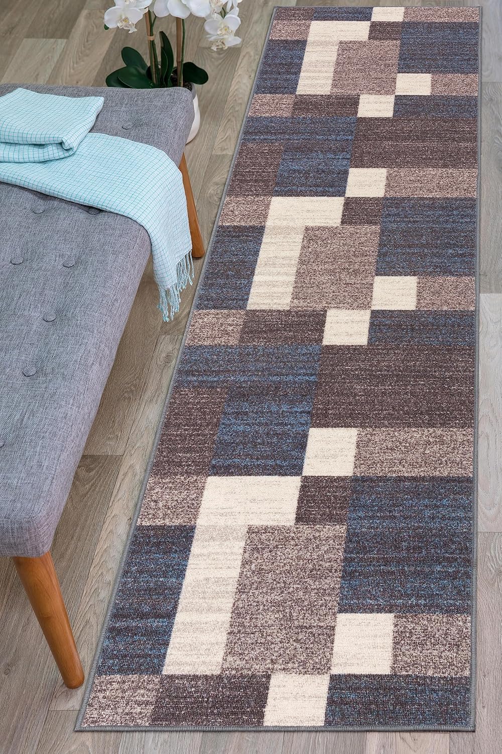 Alfombra con diseño moderno de cuadros (antideslizante), color gris