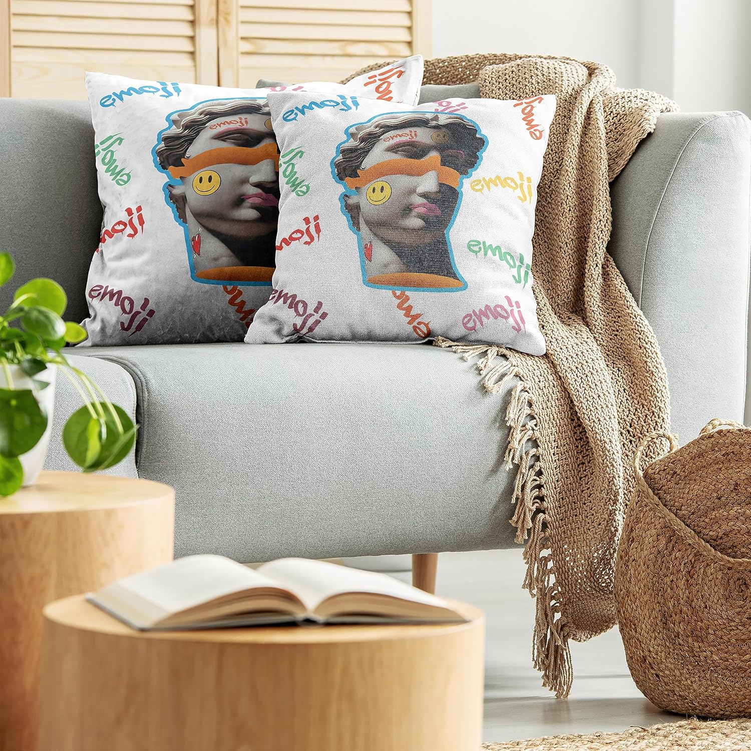 Ambesonne Emoji – Juego de 2 fundas de almohada decorativas, ilustración moderna de esculturas antiguas, formas y formas de graffiti, funda de cojín