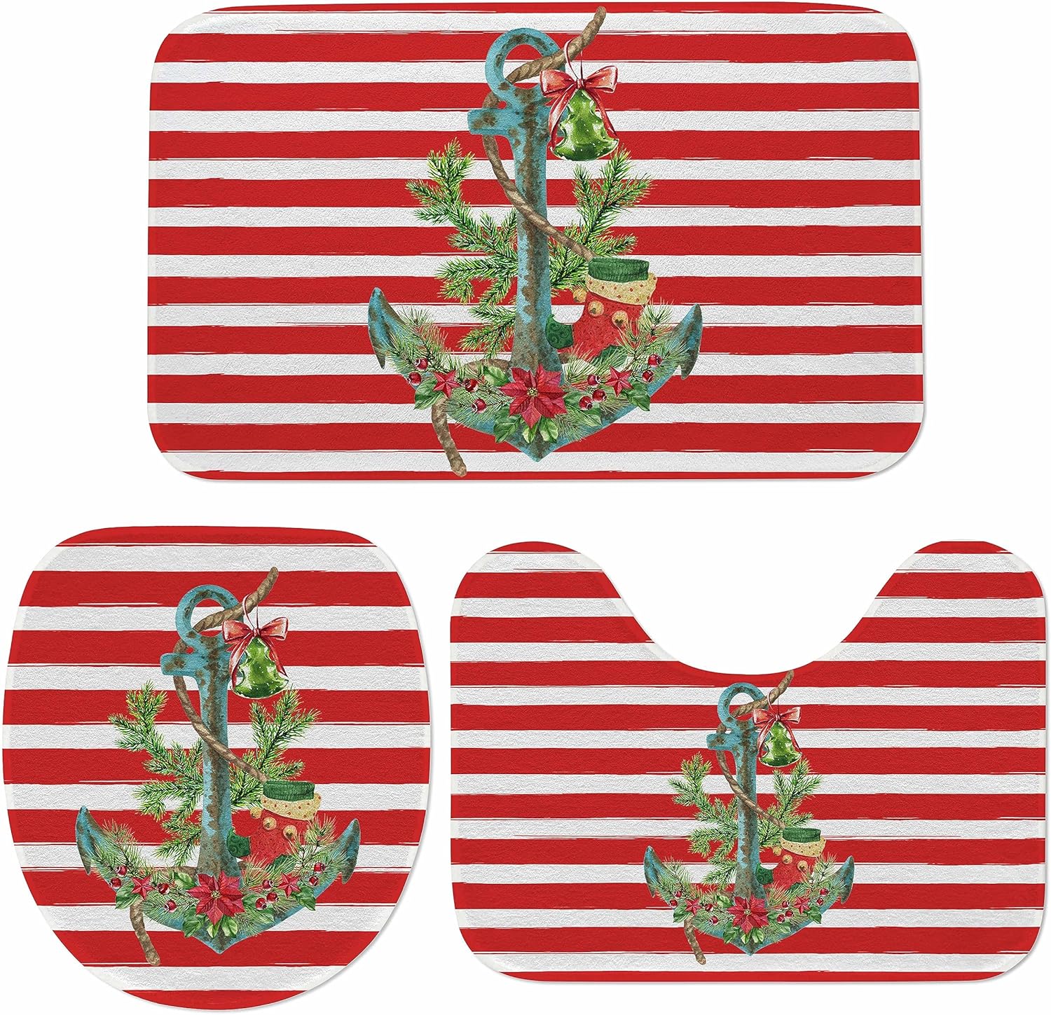 Juego de 3 alfombras de baño rojas de Navidad con alfombra de contorno antideslizante + cubierta de tapa de inodoro oblonga + alfombra de baño