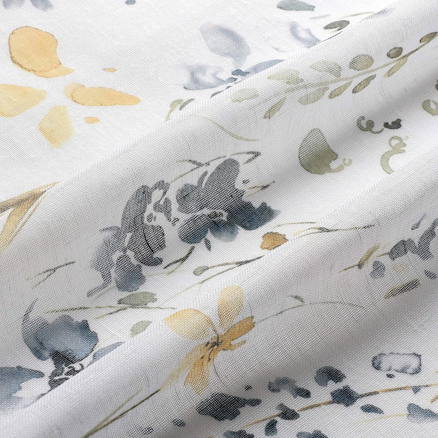 Fragrantex Cortinas traslúcidas de acuarela floral amarillo y gris, 84 pulgadas de largo para sala de estar, estampado botánico, tela texturizada de