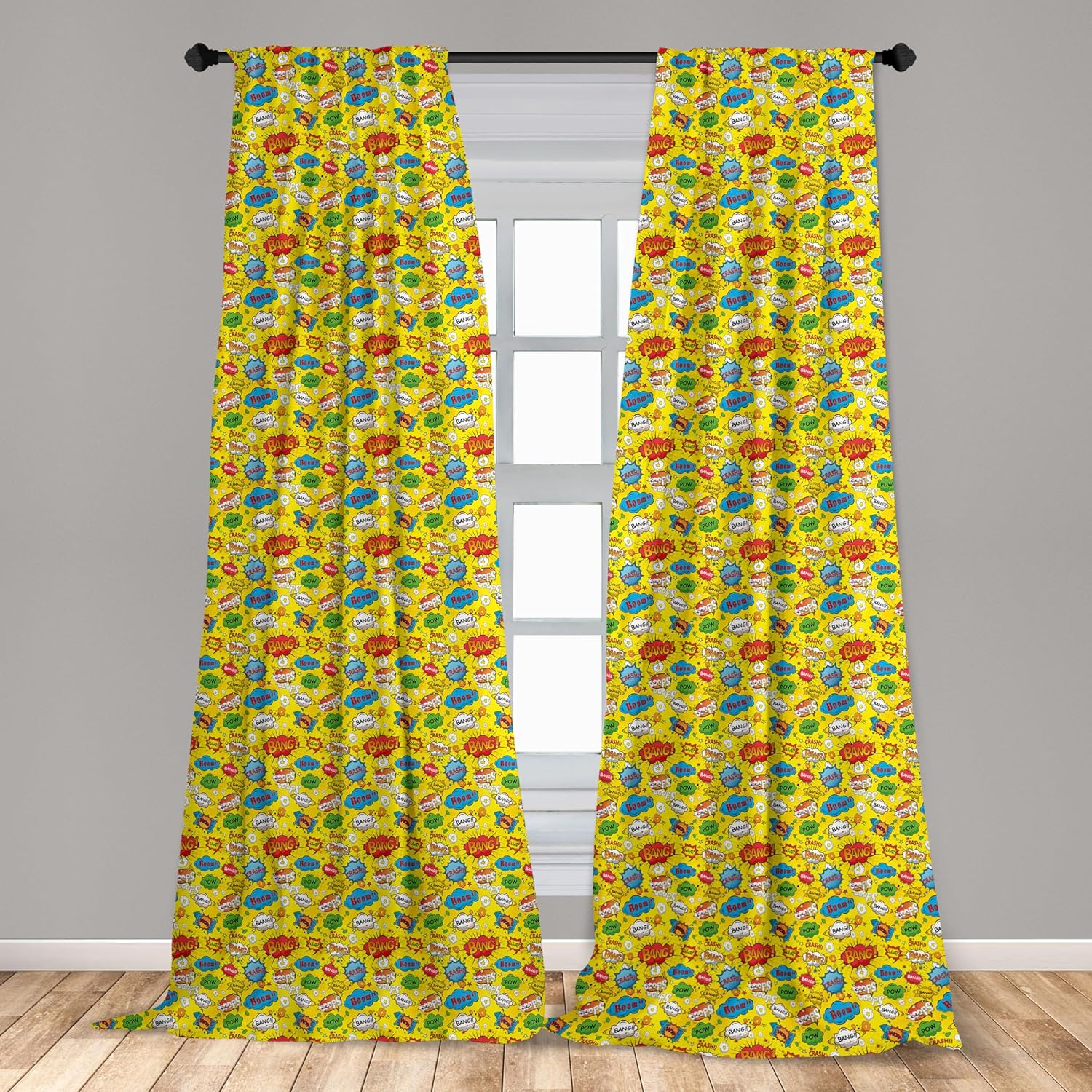 Lunarable Cortinas para ventana de superhéroe, burbujas de discurso de humor Funky Vivid Bang Boom Bam Pow Fiction Design, decoración ligera, juego