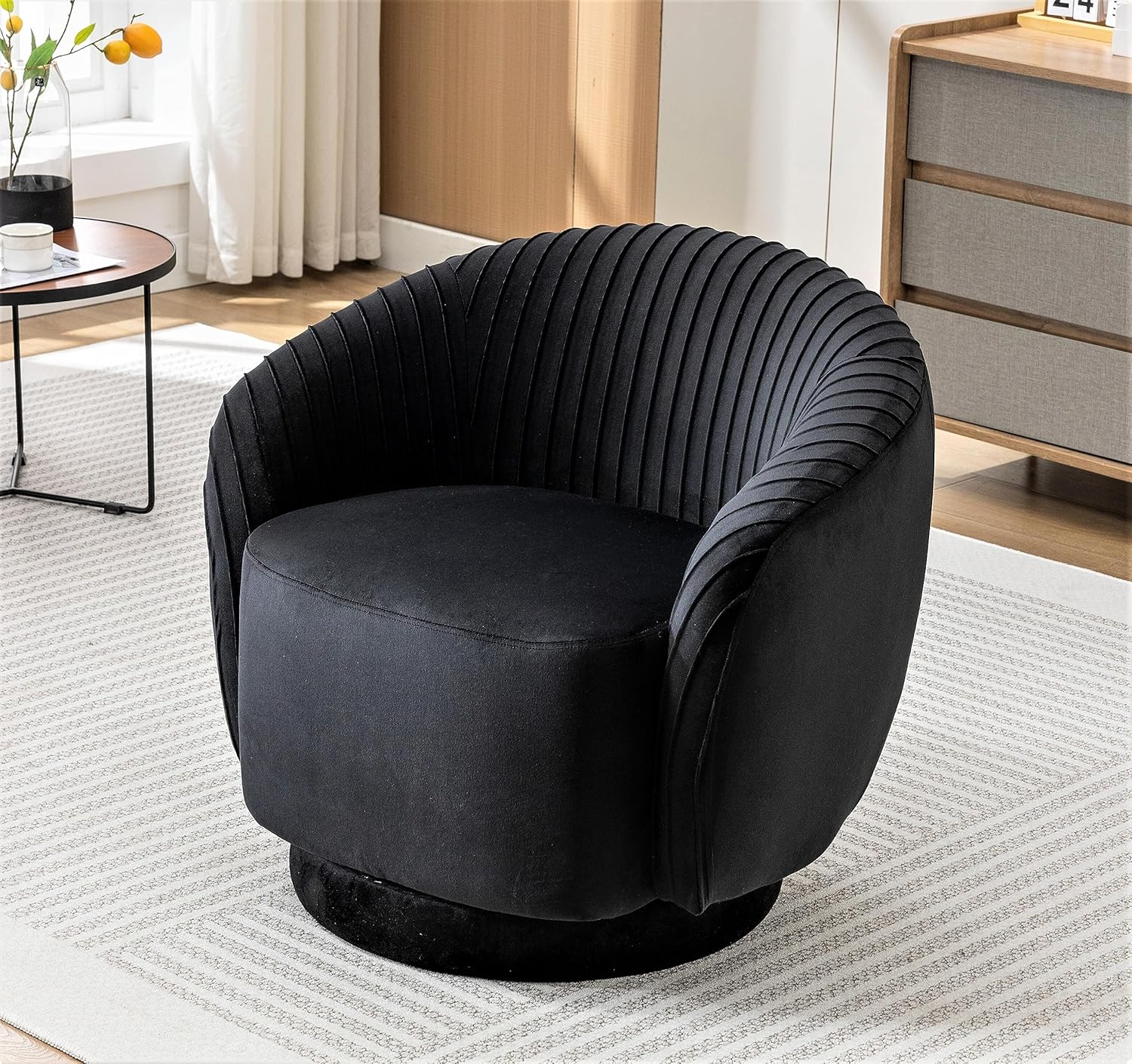 Modern Barrel – Silla giratoria con tapicería de terciopelo de felpa y rotación suave de 360, sofá de un asiento redondo para sala de estar,