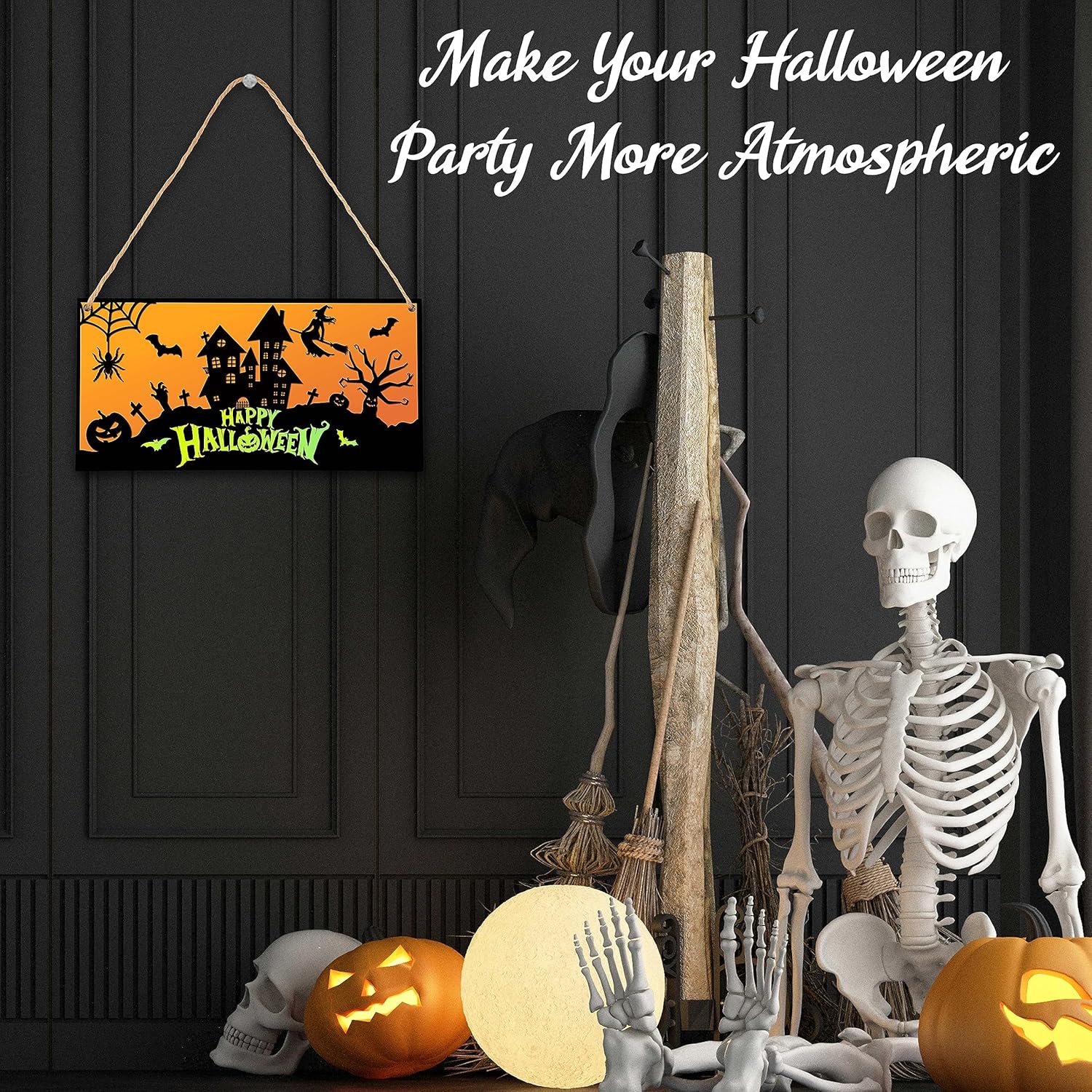 Wswood-A19 – Decoración de terror de Feliz Halloween, letrero de puerta de madera para puerta delantera, decoración de fiesta de Halloween para