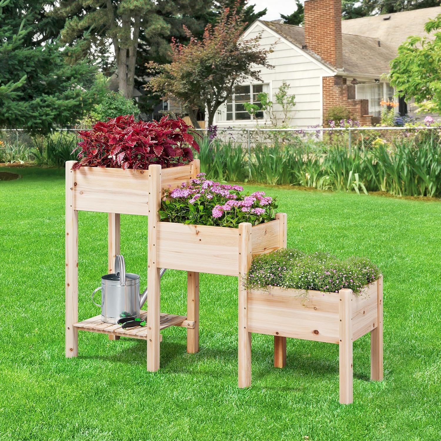 Yaheetech 1 maceta vertical de jardín elevada de madera de abeto de 3 niveles para plantas, verduras, jardinería al aire libre independiente,