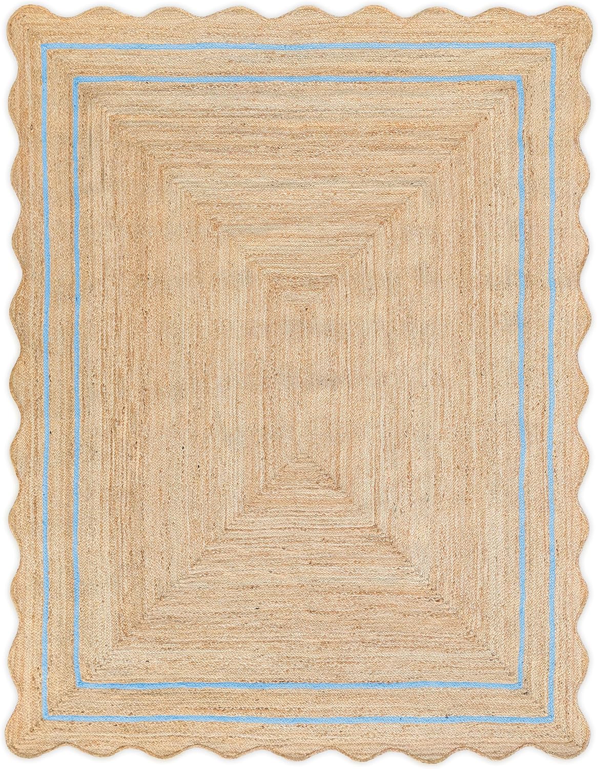 Alfombra ondulada de yute natural festoneada, alfombra de yute bohemio para entrada, alfombra de pasillo de granja, alfombra de vieira color azul