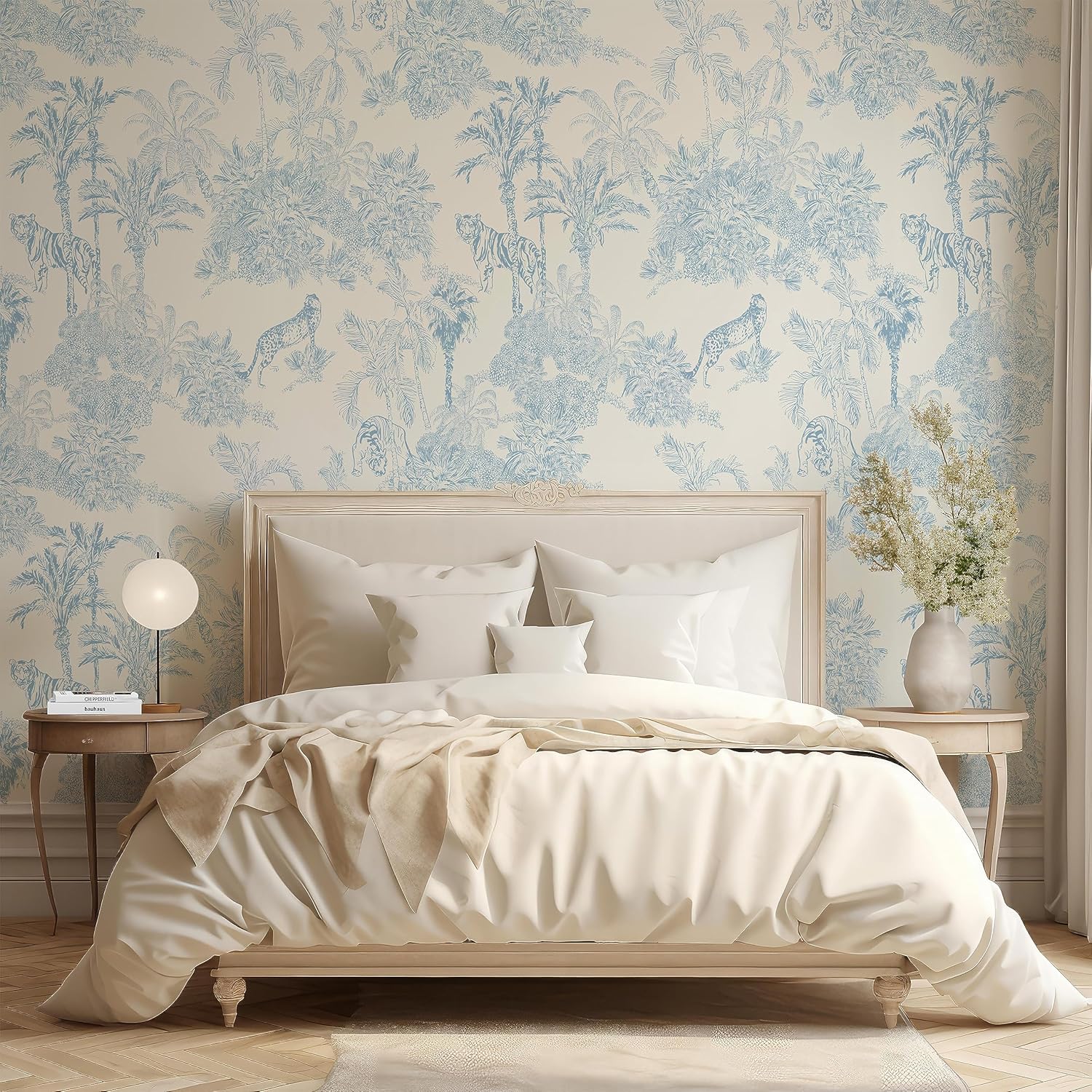 Papel tapiz de papel tapiz azul y blanco para despegar y pegar, pared de acento estilo chinoiserie francés, papel tapiz temporal para apartamentos,