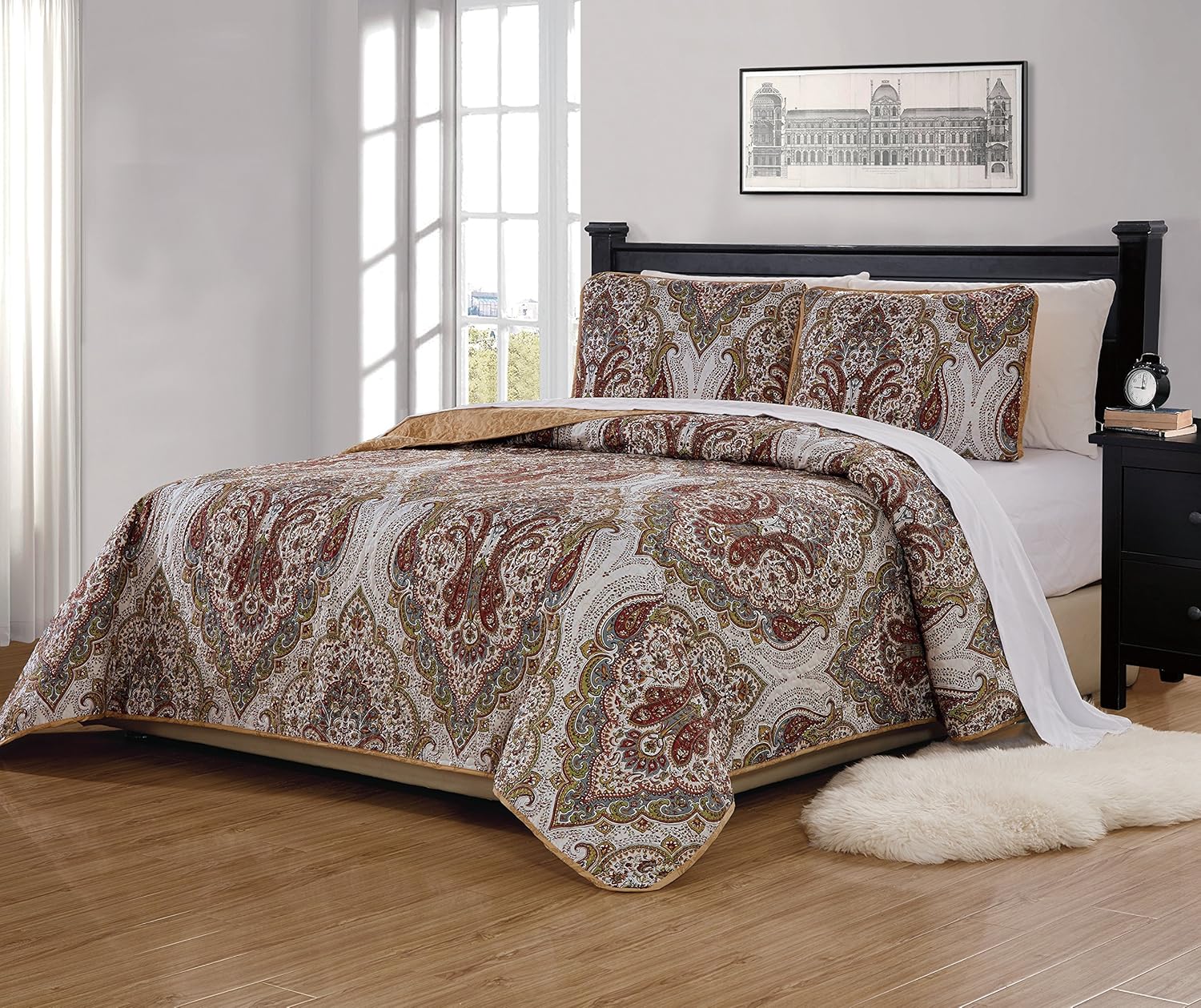 MK Home 3 piezas KingCalifornia King Colcha acolchada Estampado Floral Blanco Marrón Verde Reversible Gris Topo Más Tamaño Nuevo # Portia 66